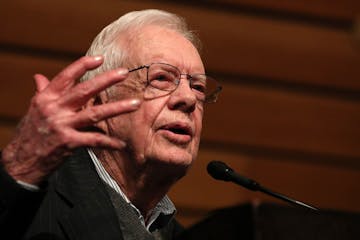 The late former President Jimmy Carter speaks during Walter Mondale's 90th birthday program in 2018 at the University of Minnesota.