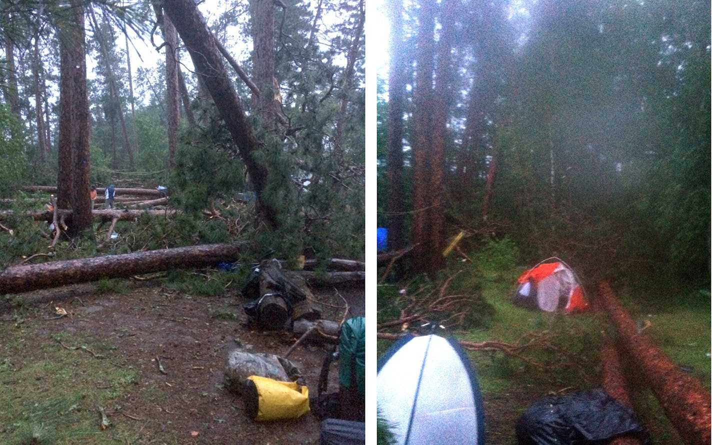 A group of 17 campers on Lady Boot Bay on Lac La Croix survived a storm that toppled trees on their tents and injured two campers who had to be evacuated by rescue crews.