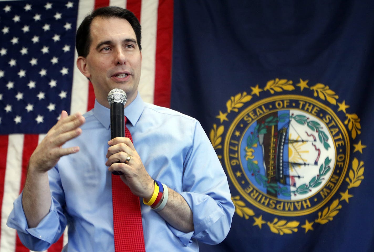 Republican Wisconsin Gov. Scott Walker speaks during a meeting with area Republicans, Sunday, April 19, 2015, in Derry, N.H. (AP Photo/Jim Cole) ORG XMIT: MIN2015042211423622