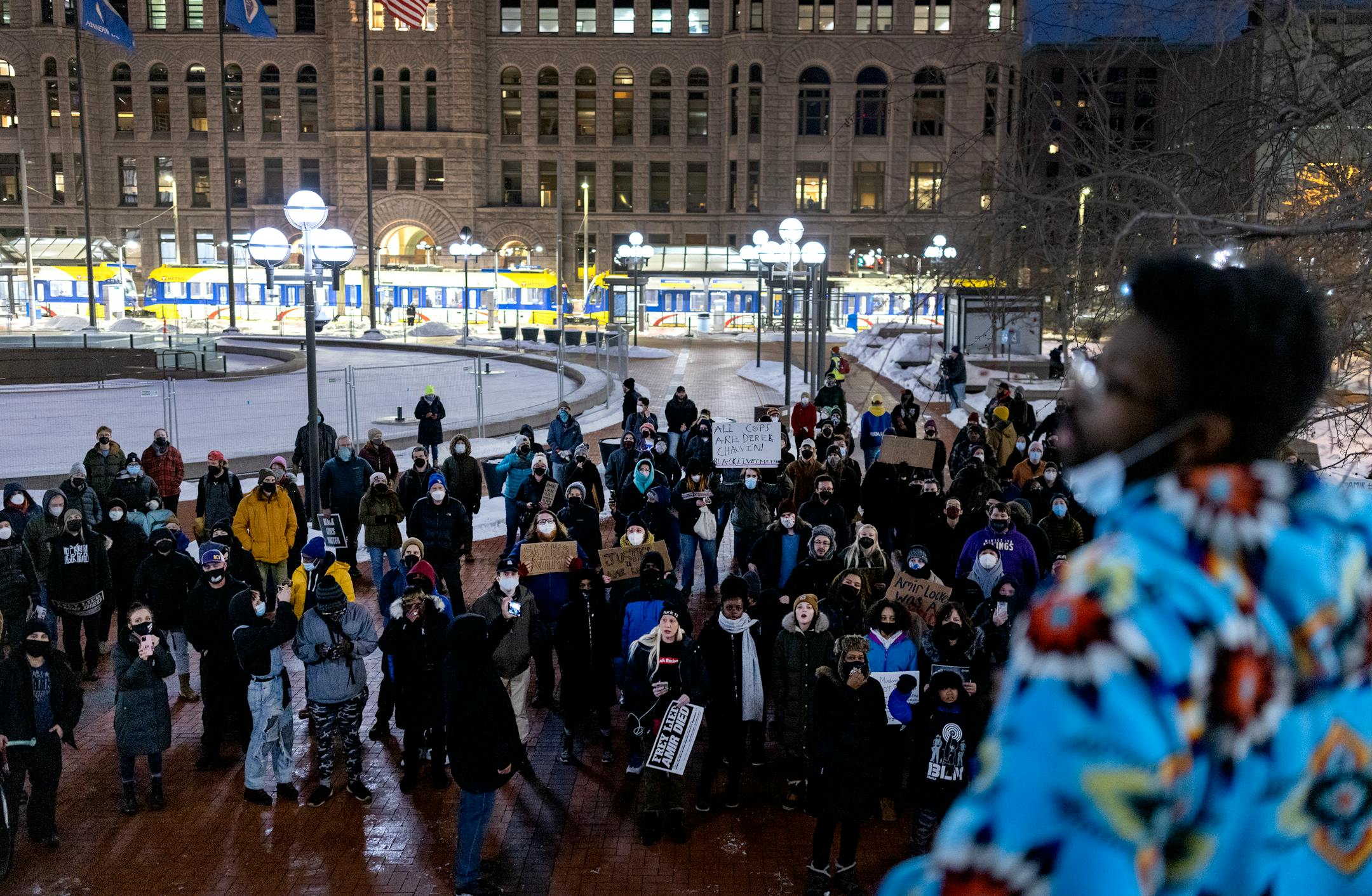 A speaker addresses the crowd during National Solidarity Justice for Amir Locke Tuesday, Feb. 8, at in Minneapolis.