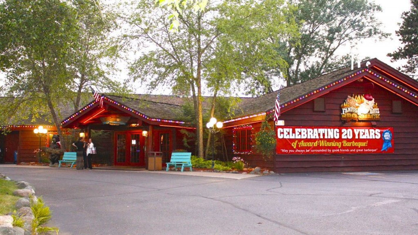 An view of the entrance to the first Famous Dave's BBQ restaurant in Hayward, Wis., which "burned to the ground" early Monday, Nov. 3.