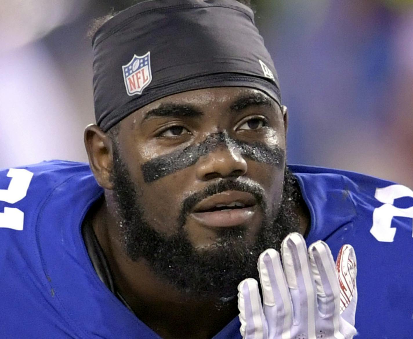 New York Giants defensive back Landon Collins (21) reacts during the second half of an NFL football game against the New Orleans Saints, Sunday, Sept. 30, 2018, in East Rutherford, N.J. (AP Photo/Bill Kostroun) ORG XMIT: NYOTK