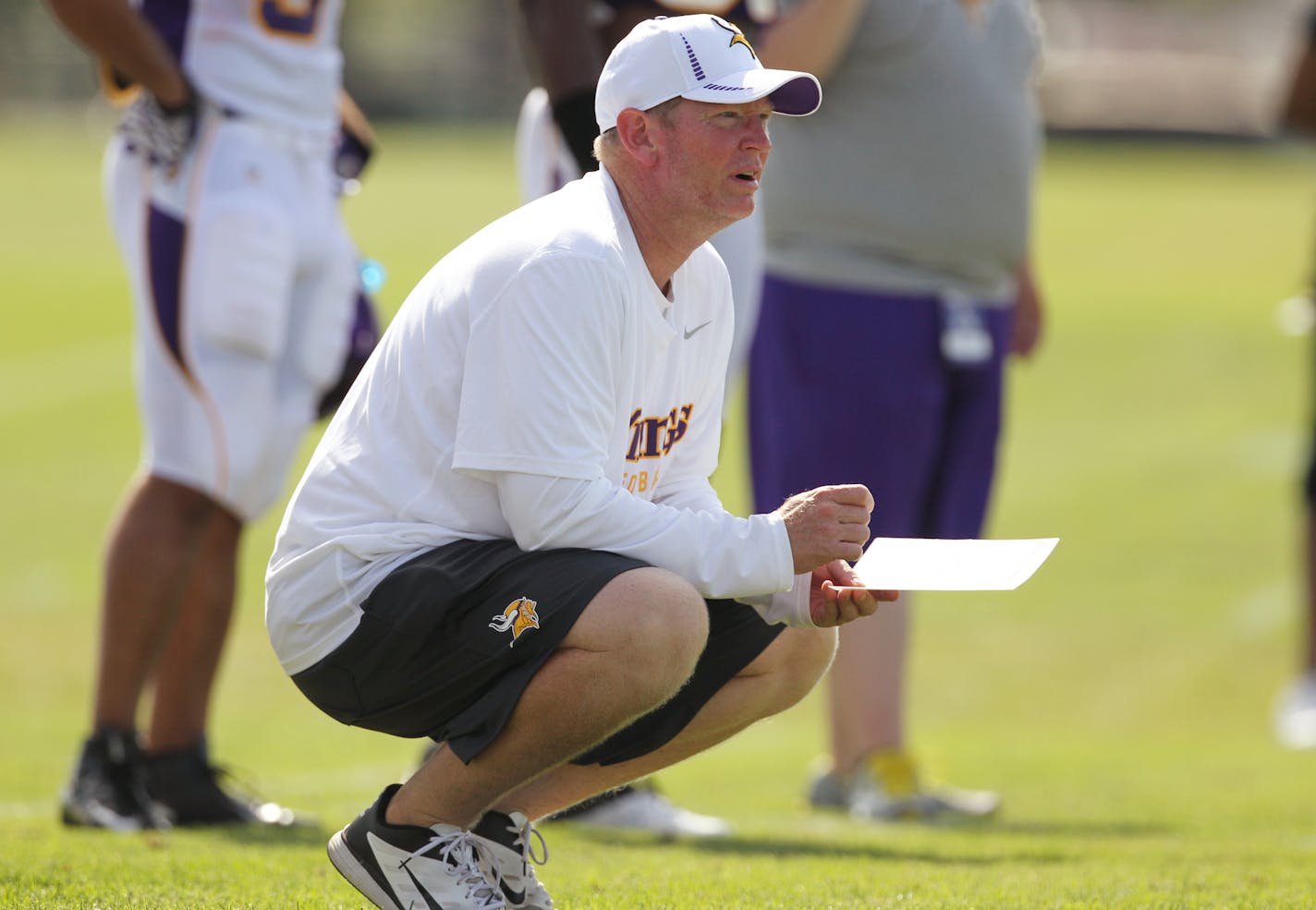 Minnesota Vikings offensive coordinator Bill Musgrave shown at NFL football training camp, Monday, July 30, 2012, in Mankato, Minn. (AP Photo/Genevieve Ross) ORG XMIT: NYOTK