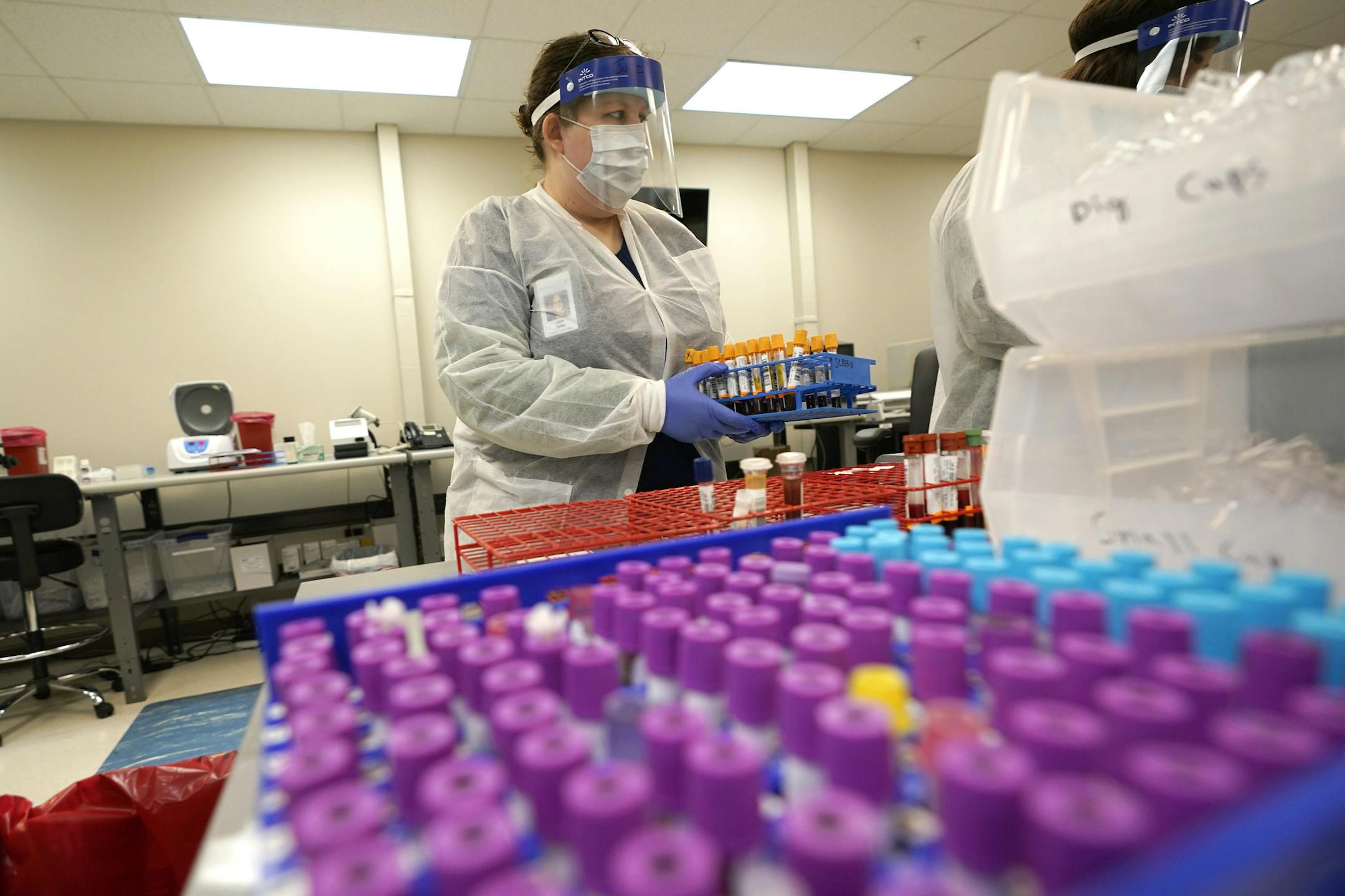 Julie Janke, a medical technologist at Principle Health Systems and SynerGene Laboratory, helps sort samples for different tests Tuesday, April 28, 2020, in Houston. The company, which opened two new testing locations Tuesday, is now offering a new COVID-19 antibody test developed by Abbott Laboratories. (AP Photo/David J. Phillip)