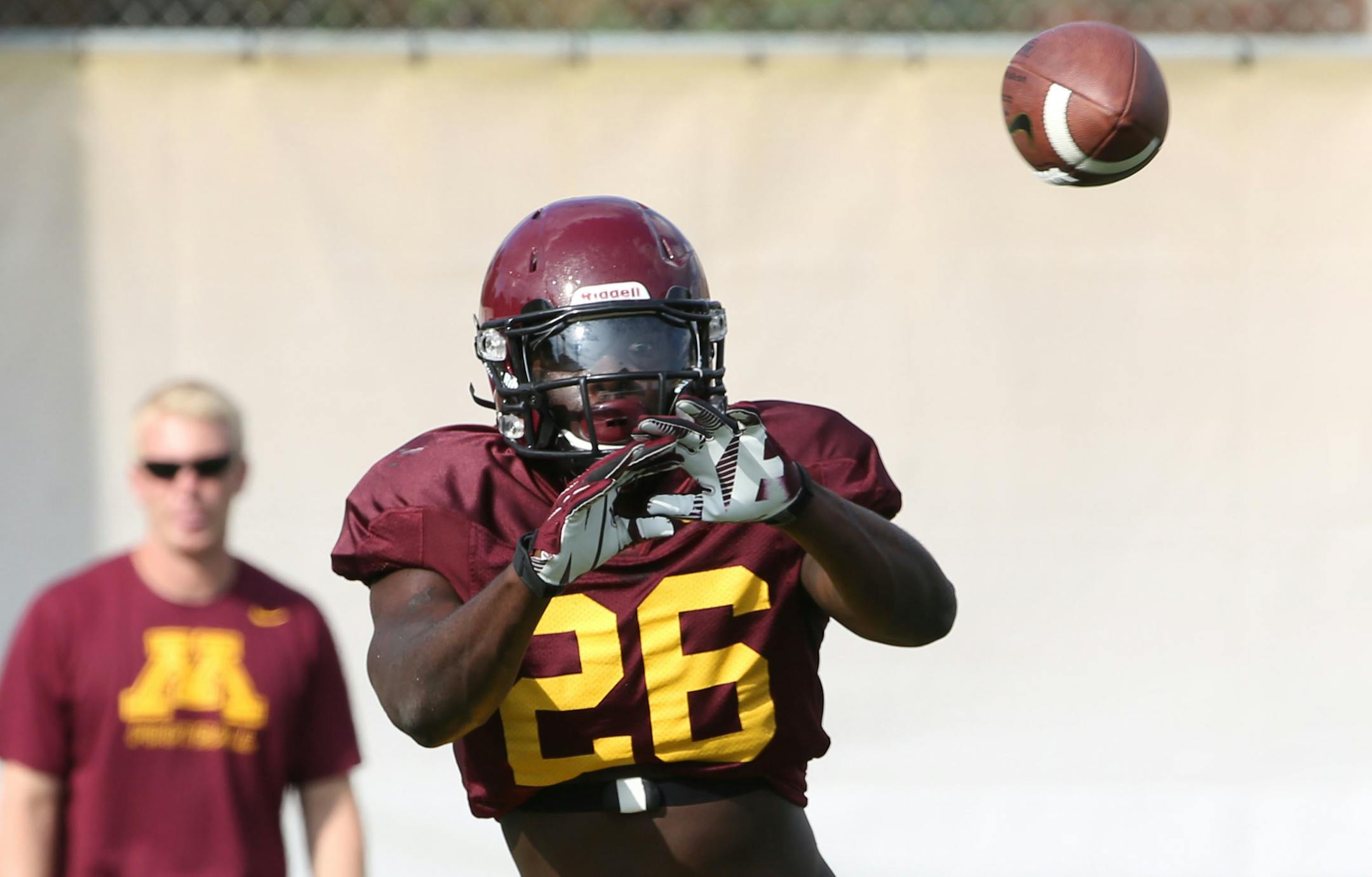 De'Vondre Campbell caught the ball during Gophers football practice. The 6-5 Campbell gained 20 pounds in preparation of this season at linebacker.