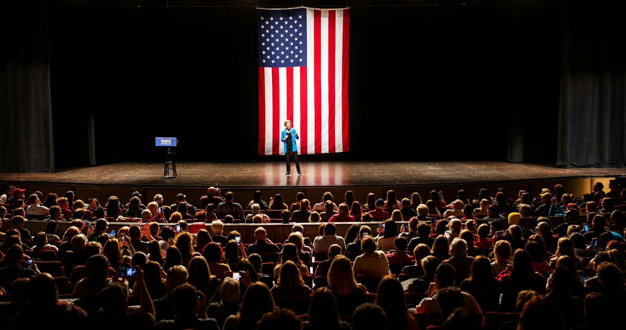 Sen. Elizabeth Warren (D-Mass.) campaigns in Ames, Iowa on Oct. 21, 2019. A ‘Medicare for all’ proposal would push the boundaries of taxing corporations and the rich to fund expanded government programs. (Demetrius Freeman/The New York Times)