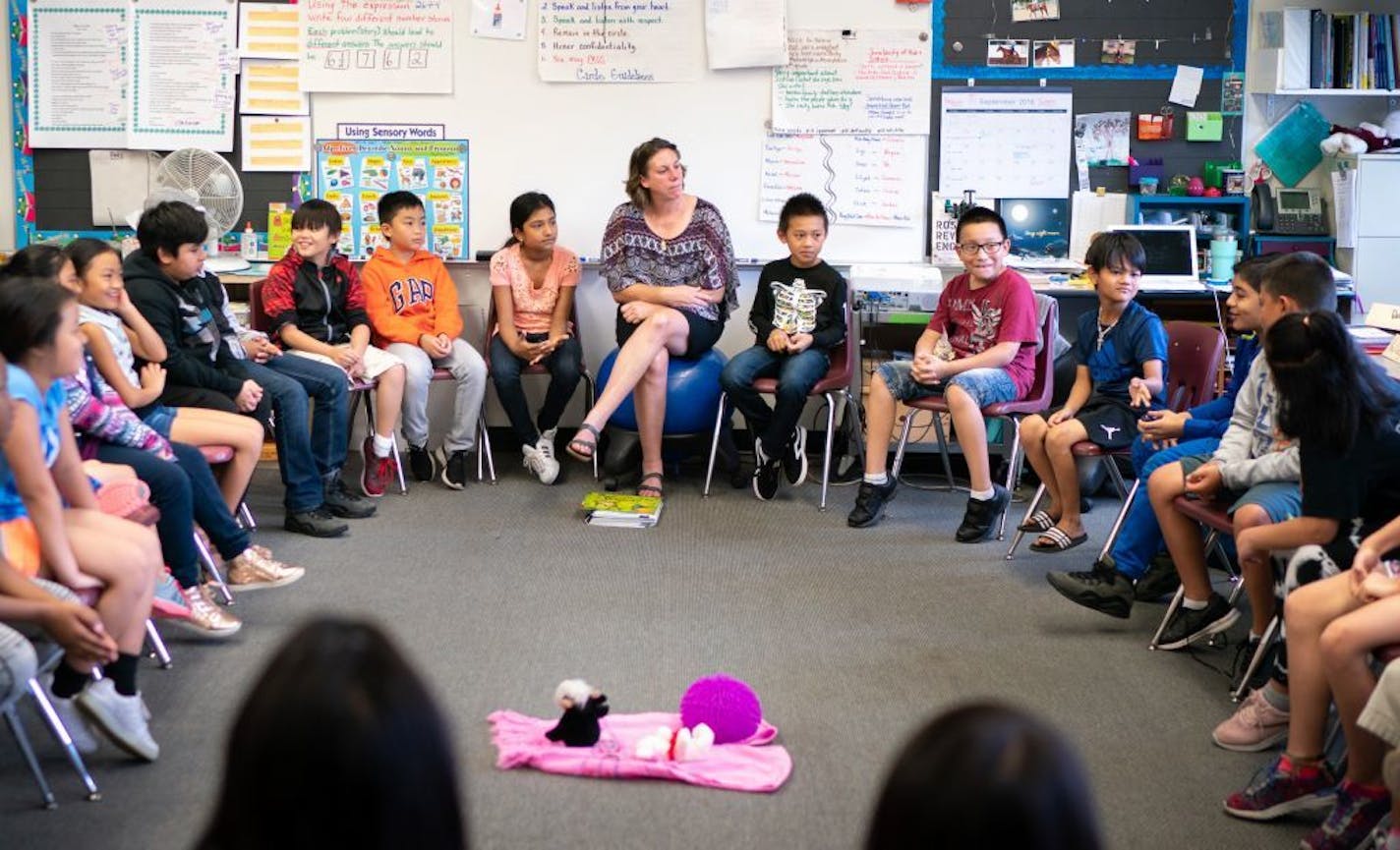 Fourth and fifth graders in Brenda Levine's class passed a hand blown glass egg around the restorative practice circle and said what it meant to them to be mindful. They attend Phalen Lake Elementary in St Paul.