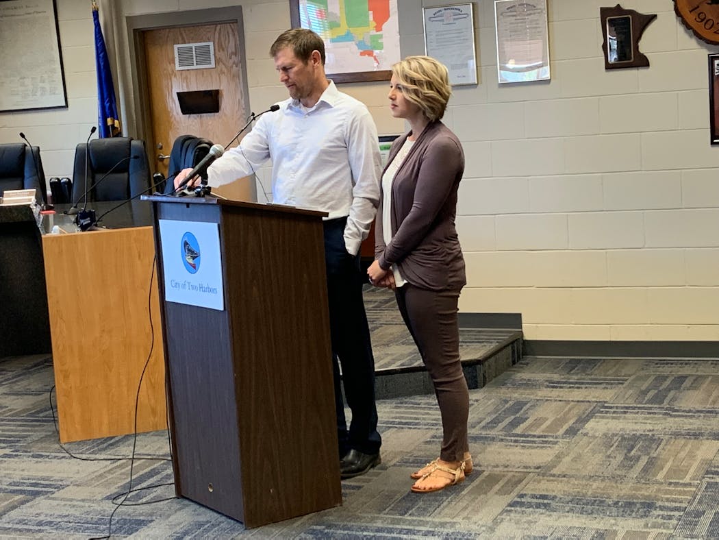 Two Harbors Mayor Chris Swanson, faced with resigning or submitting to a recall election in August, has said he will remain mayor. He spoke during an eight-minute news conference on Wednesday morning with his wife, Rebecca, by his side.