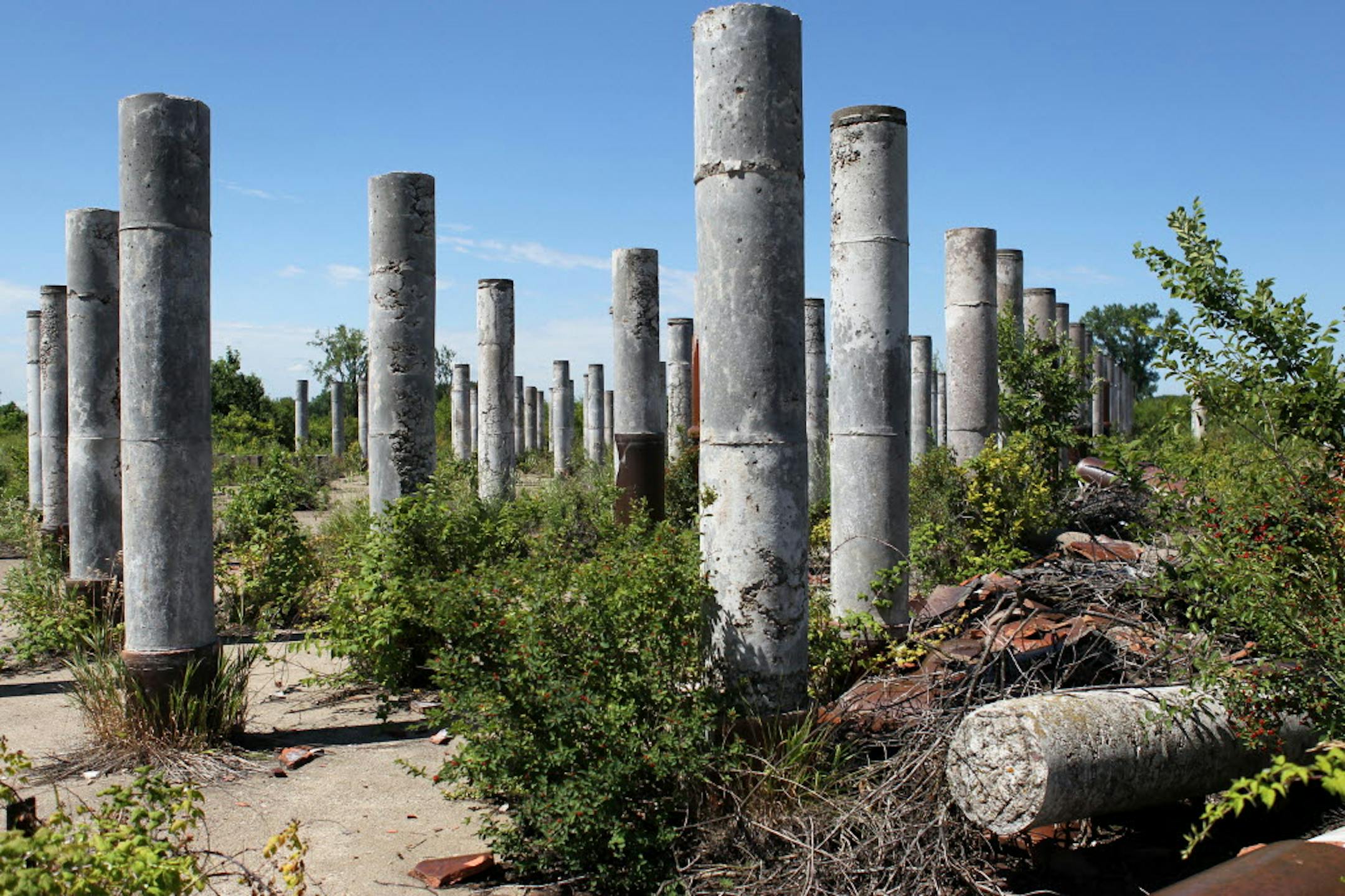A picture of over a dozen cylindrical, concrete structures standing upright.