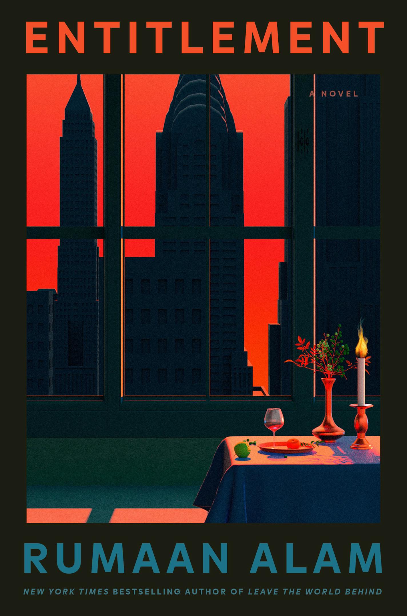 Cartoony illustration on the cover of "Entitlement" depicts the Chrysler Building in Manhattan, as seen through a window