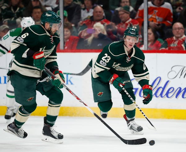 Minnesota Wild defensemen Marco Scandella (6) and Gustav Olofsson (23) tracked a loose puck in the third period Thursday night against Dallas.