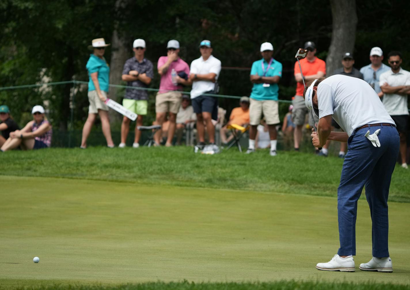 Keith Mitchell gets frustrated with his missed putt on the 5th hole in Blaine, Minn., on Sunday, July 30, 2023.This is the final round of the 3M Open at the TPC Twin Cities.] RICHARD TSONG-TAATARII • richard.tsong-taatarii @startribune.com