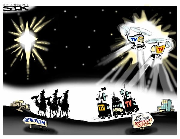 Steve Sack editorial cartoon for Dec. 6, 2012. Topic: Christmas is coming and Kate Middleton, the Duchess of Cambridge, is pregnant.
