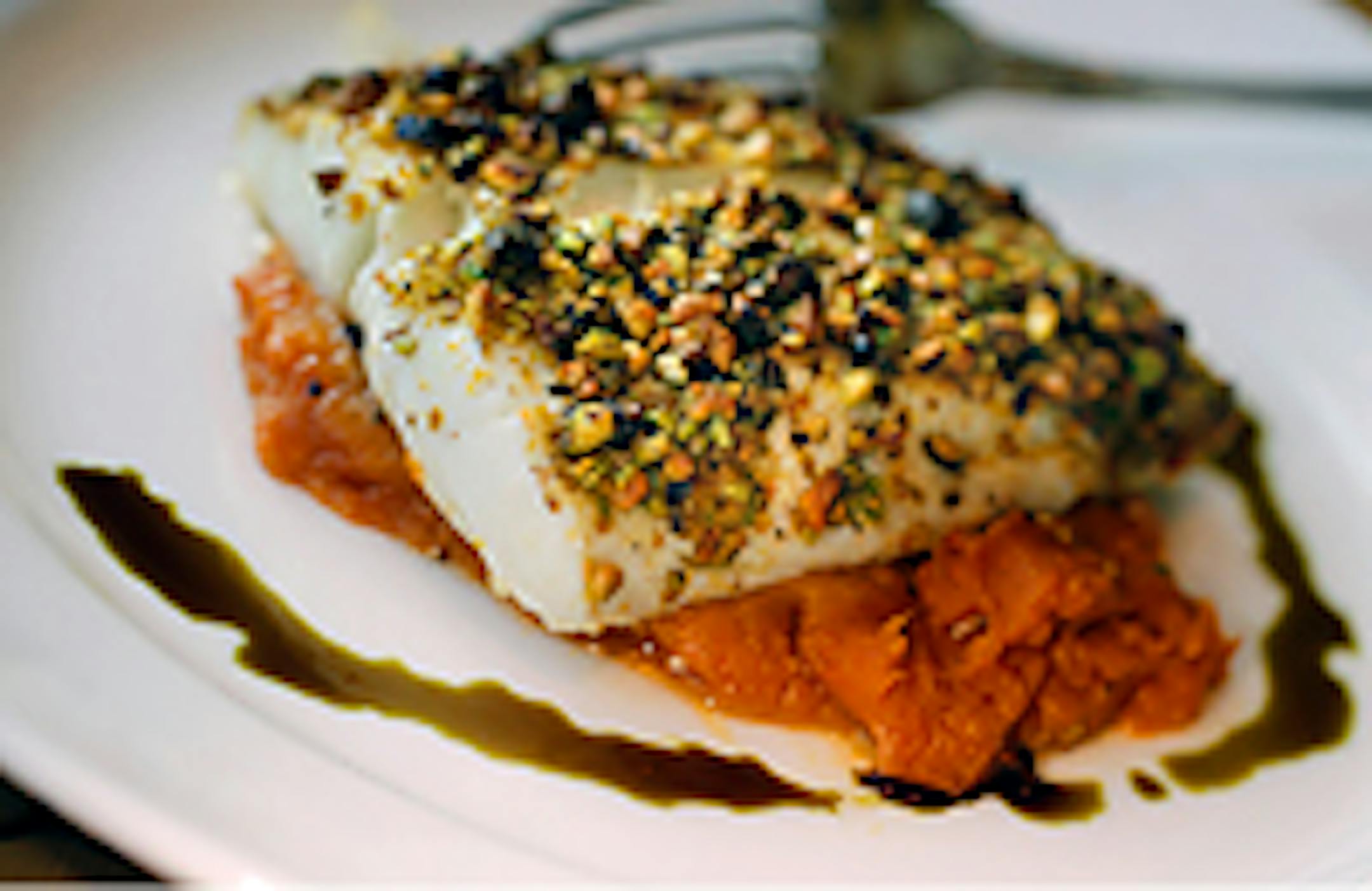 The pistachio-crusted grilled halibut