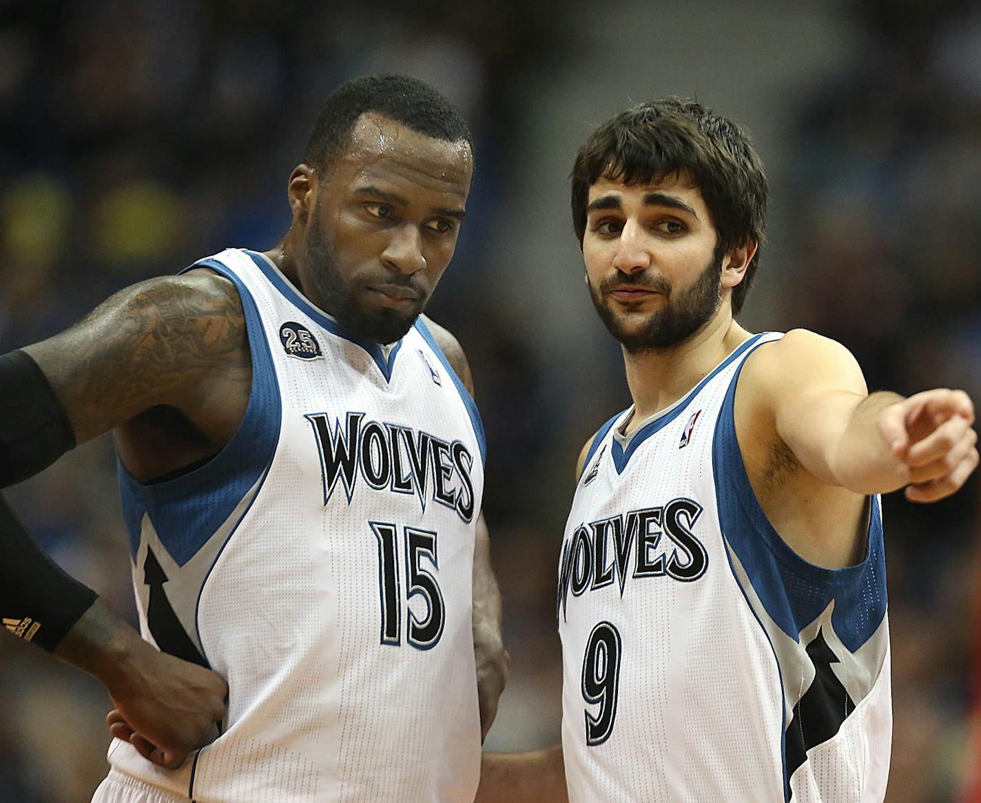 Timberwolves&#x201a;&#xc4;&#xf4; Ricky Rubio (right) and Shabazz Muhammad discussed strategy on the floor.] JIM GEHRZ &#x201a;&#xc4;&#xa2; jgehrz@startribune.com / Minneapolis, MN / February 8, 2014 / 7:00 PM / BACKGROUND INFORMATION: The Minnesota Timberwolves played the Portland Trail Blazers at Target Center, Saturday, February 8, 2014. ORG XMIT: MIN1402082043481700