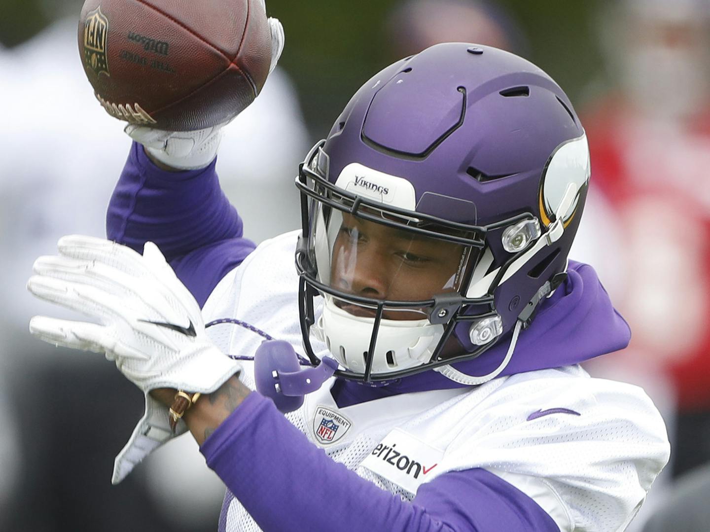 Receiver Stefon Diggs caught a pass during the Vikings first organized full-team practice of the offseason at Winter Park Wednesday May 23, 2017 in Eden Prairie, MN. ] JERRY HOLT &#xef; jerry.holt@startribune.com