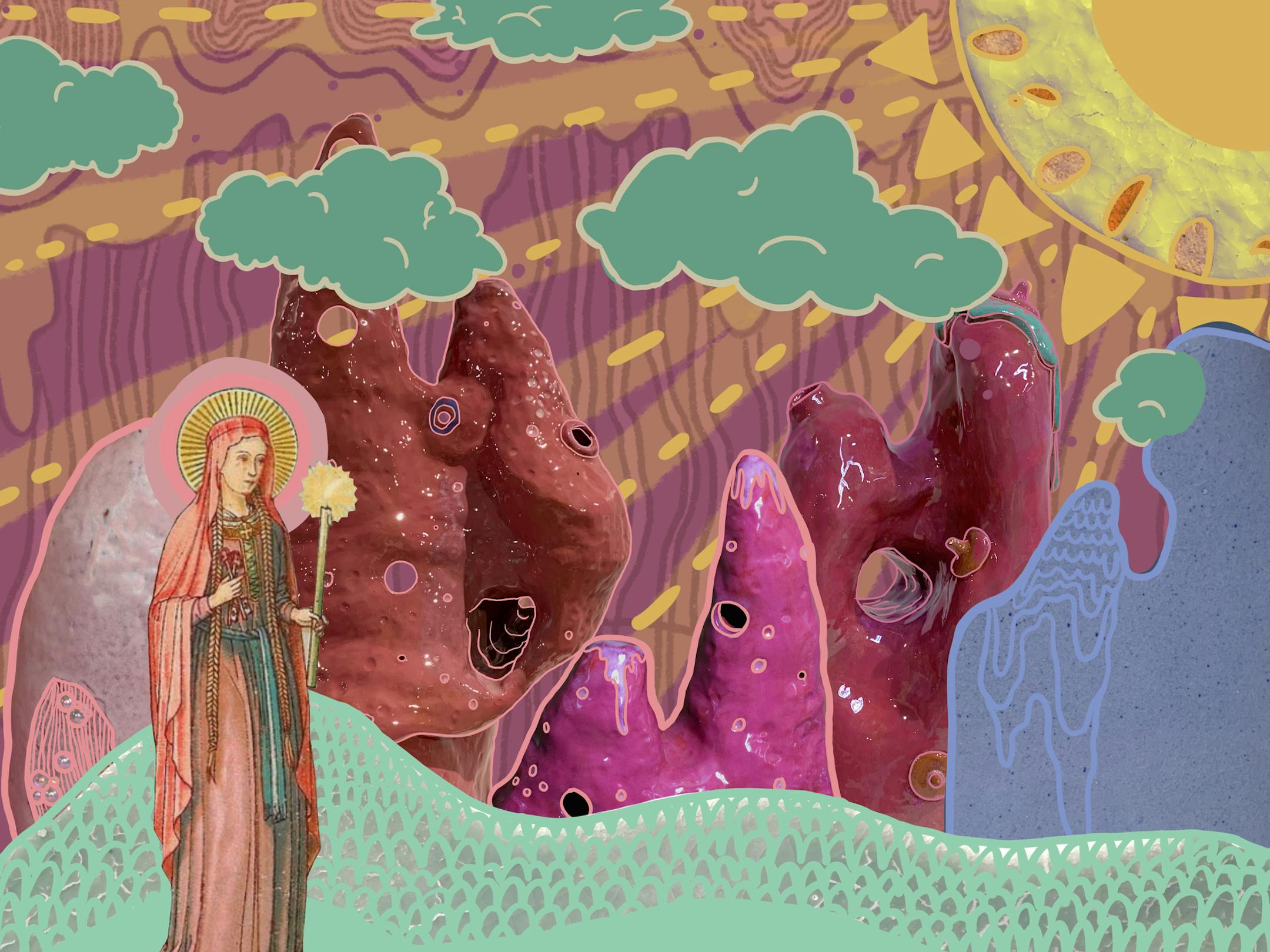 Morning Walk in Como for St. Genevieve, 2020 Digital drawing over a collage of ceramics and St. Genevieve Prayer Card (Genevieve Desotelle)