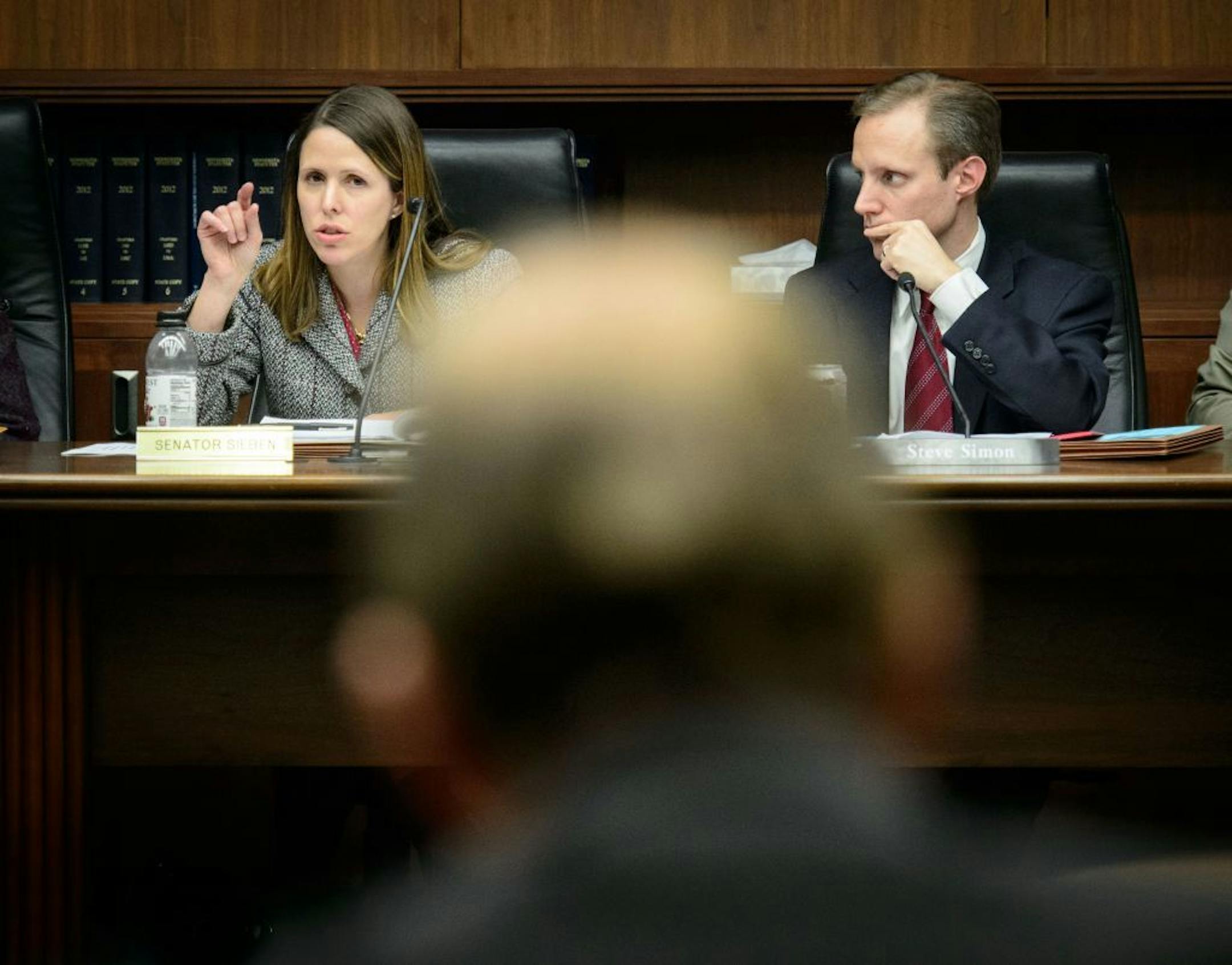 Senator Katie Sieben DFL-Newport and Rep. Steve Simon DFL-Hopkins questioned Gary Goldsmith, executive director, Campaign finance and Public Disclosure Board. He testified before a joint hearing to explore the inconsistencies the Star Tribune found in the state's electronic campaign finance data. Monday, December 16, 2013
