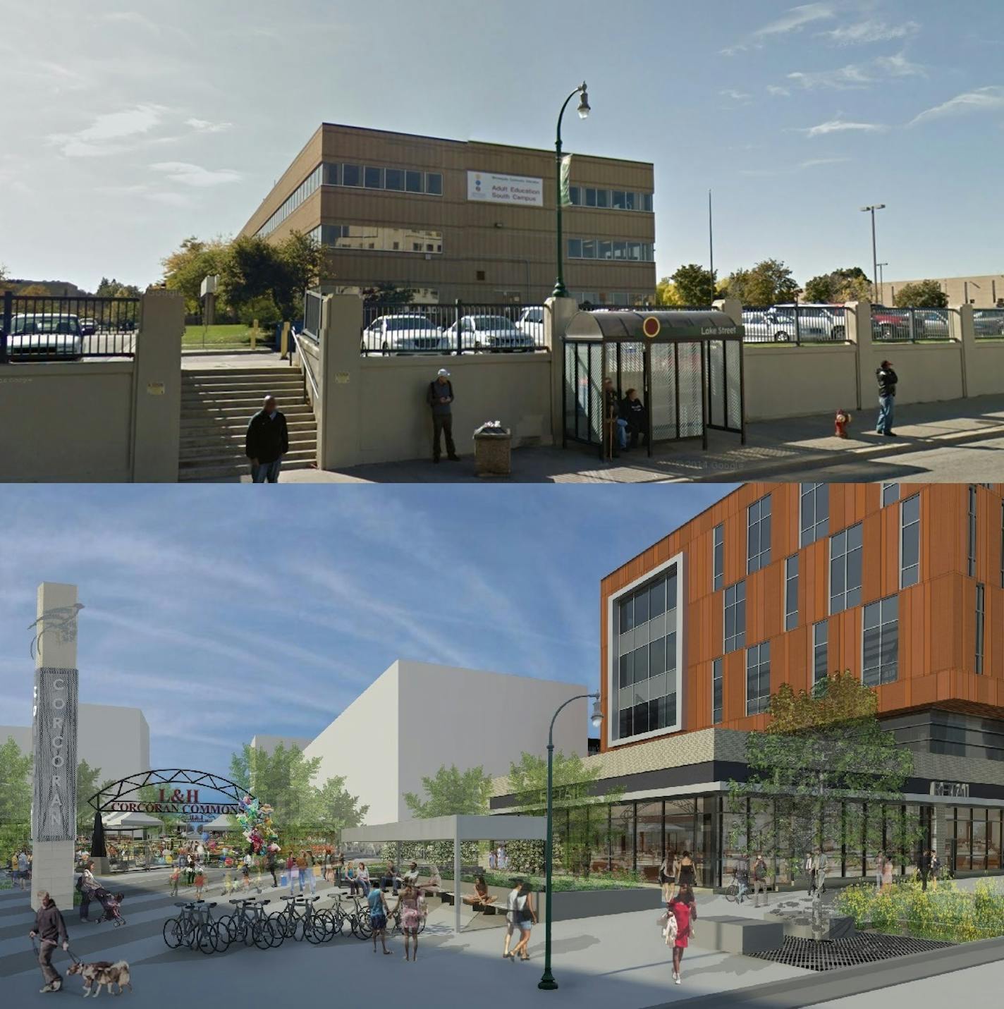 A before and after view of the proposed development at Lake Street and Hiawatha Avenue.