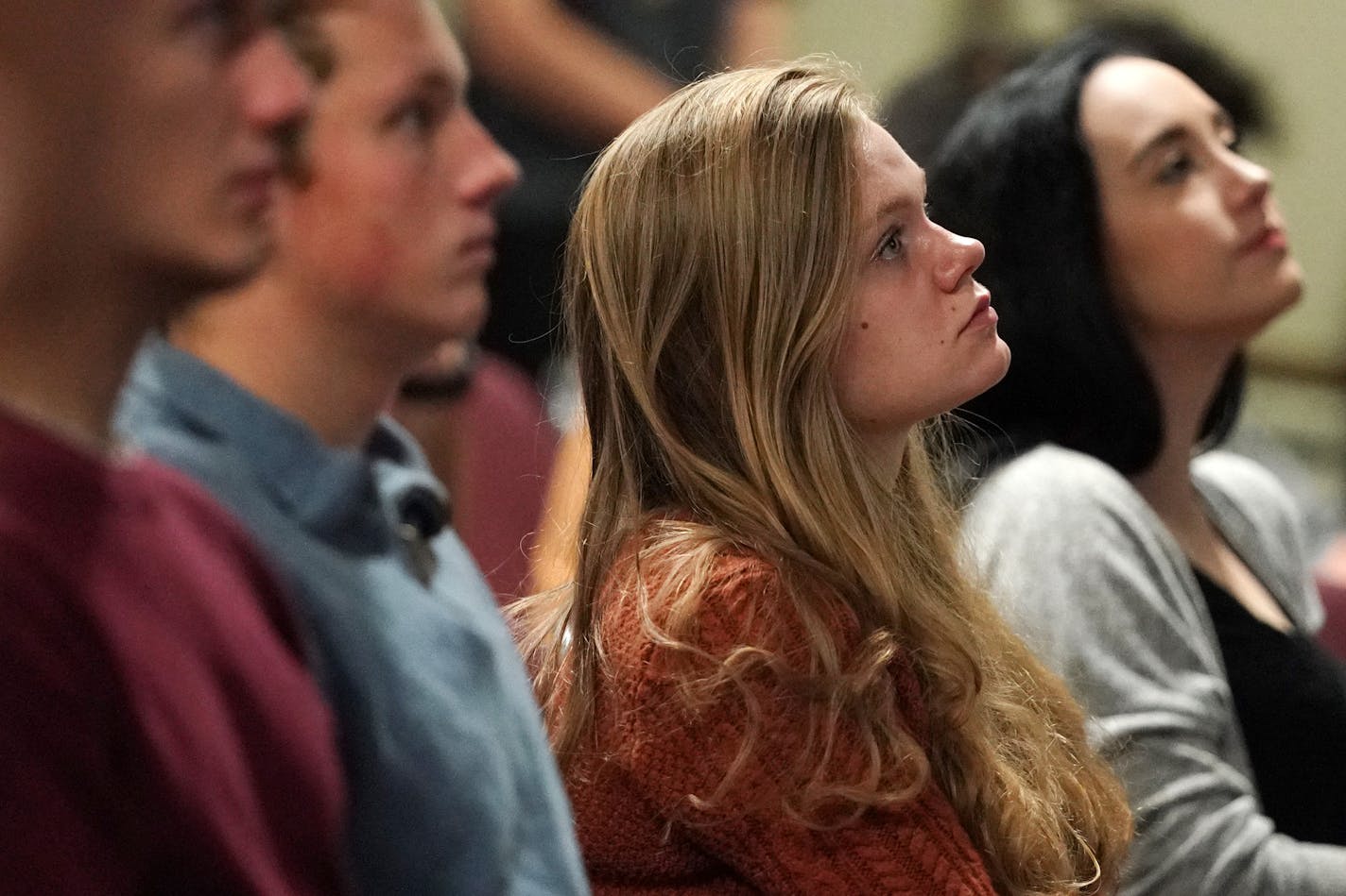 Carolyn Carlson along with her fellow political science students in Professor Timothy Johnson's "Justice in America" class at the University of Minnesota watched the testimony of one of Judge Kavanaugh's accusers, Christine Blasey Ford, in the ongoing saga over his nomination for Supreme Court Thursday. ] ANTHONY SOUFFLE &#xef; anthony.souffle@startribune.com Political science students in Professor Timothy Johnson's "Justice in America" class at the University of Minnesota watched the testimony