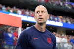 Coach Gregg Berhalter of the United States looks on during a Copa America Group C soccer match between the United States and Bolivia in Arlington, Tex