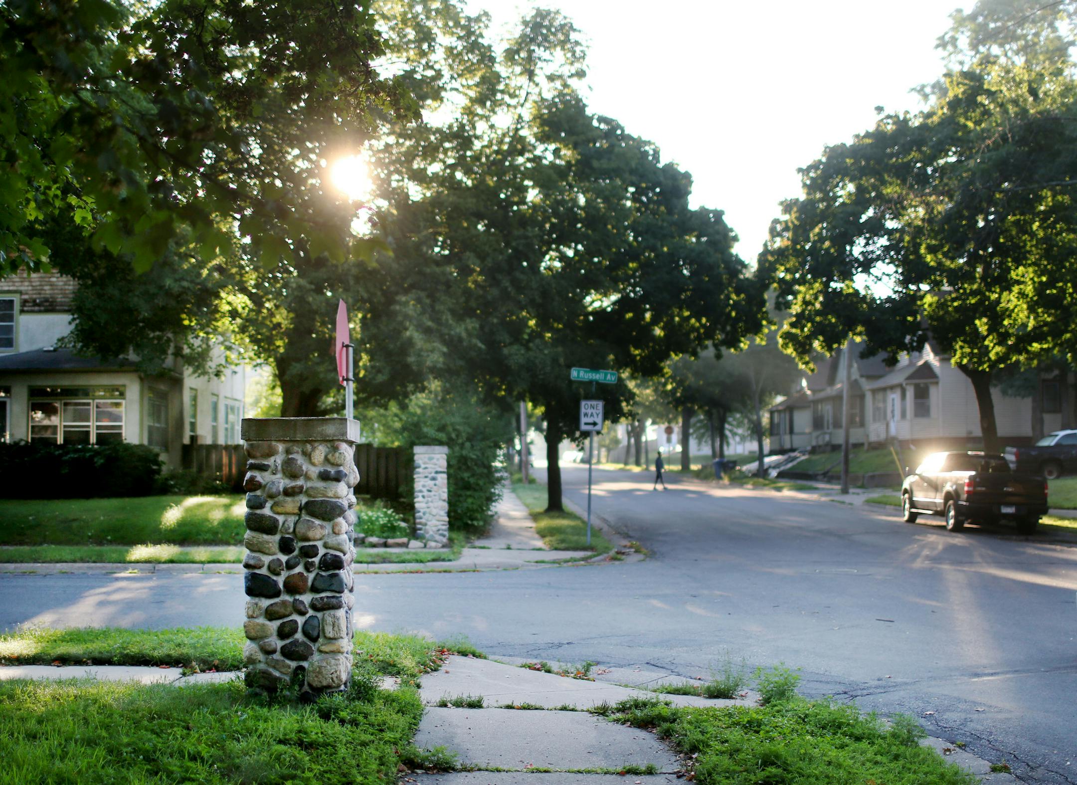 The stone pillar street markers that define the perimeter of the Homewood subdivision near Oak Park and Russell Avenues N. Wednesday, Aug. 17 2016, in North Minneapolis, MN. It was believed by some that in the subdivision covenant for the North Side neighborhood that Jews and blacks were excluded from owning and living there. Researcher Penny Petersen found no such wording in the Homewood covenant but did in other neighborhood covenants for Minneapolis.](DAVID JOLES/STARTRIBUNE)djoles@startribun