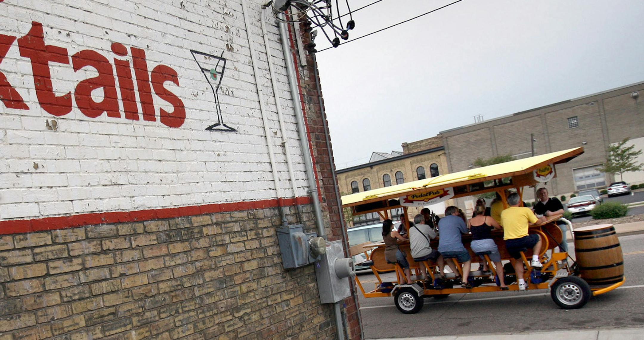 TOM WALLACE • twallace@startribune ASSIGN#112460_SLUG_night0831.#112460_8/9/2007 Leaving the first stop Dusty's. This Pedal Pub tour made its way through the Northeast neighborhood route Wednesday around NE, visiting various bars. They start at the 1029 Bar, departing at 6 p.m. ____The Pedal Pub, creation that is basically a 16-person bar on wheels. The only one of it's kind in the country, customers jump on the Pedal Pub and pedal their way from bar to bar. The two guys who run the Pedal