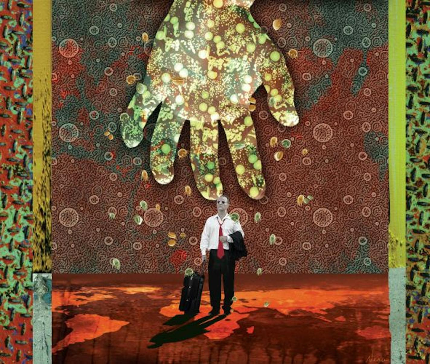 300 dpi Rick Nease color illustration of viral hand reaching down to traveling man walking on world map surrounded by an atmosphere of bacteria and viruses. Detroit Free Press 2009<p> travel diseases illustration immunization disease virus viral contagion contagious bacteria krthealth health; krtnational national; krtworld world; krt; mctillustration; epidemic; krtmedicine medicine; krtvaccine vaccination; preventative medicine; shot; vaccine; holiday; washing hands; hand; krtfeatures features;