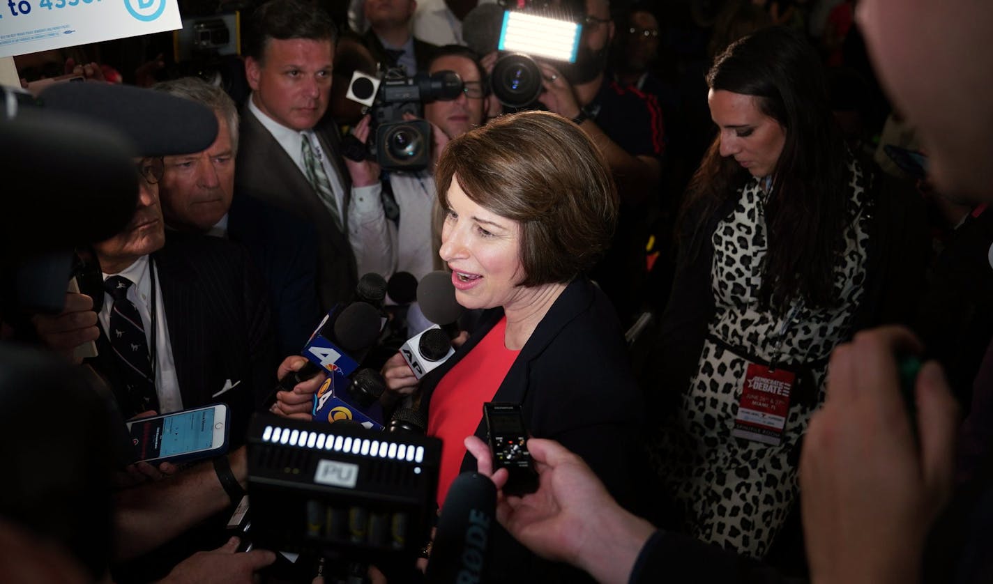 Sen. Amy Klobuchar (D-Minn.) speaks to reporters after the close of the first Democratic presidential debate in Miami on Wednesday night, June 26, 2019. (Doug Mills/The New York Times)