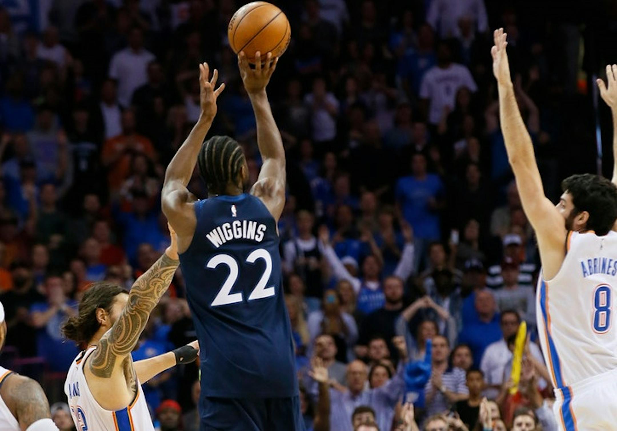 Andrew Wiggins takes the game-winning shot against Oklahoma City.