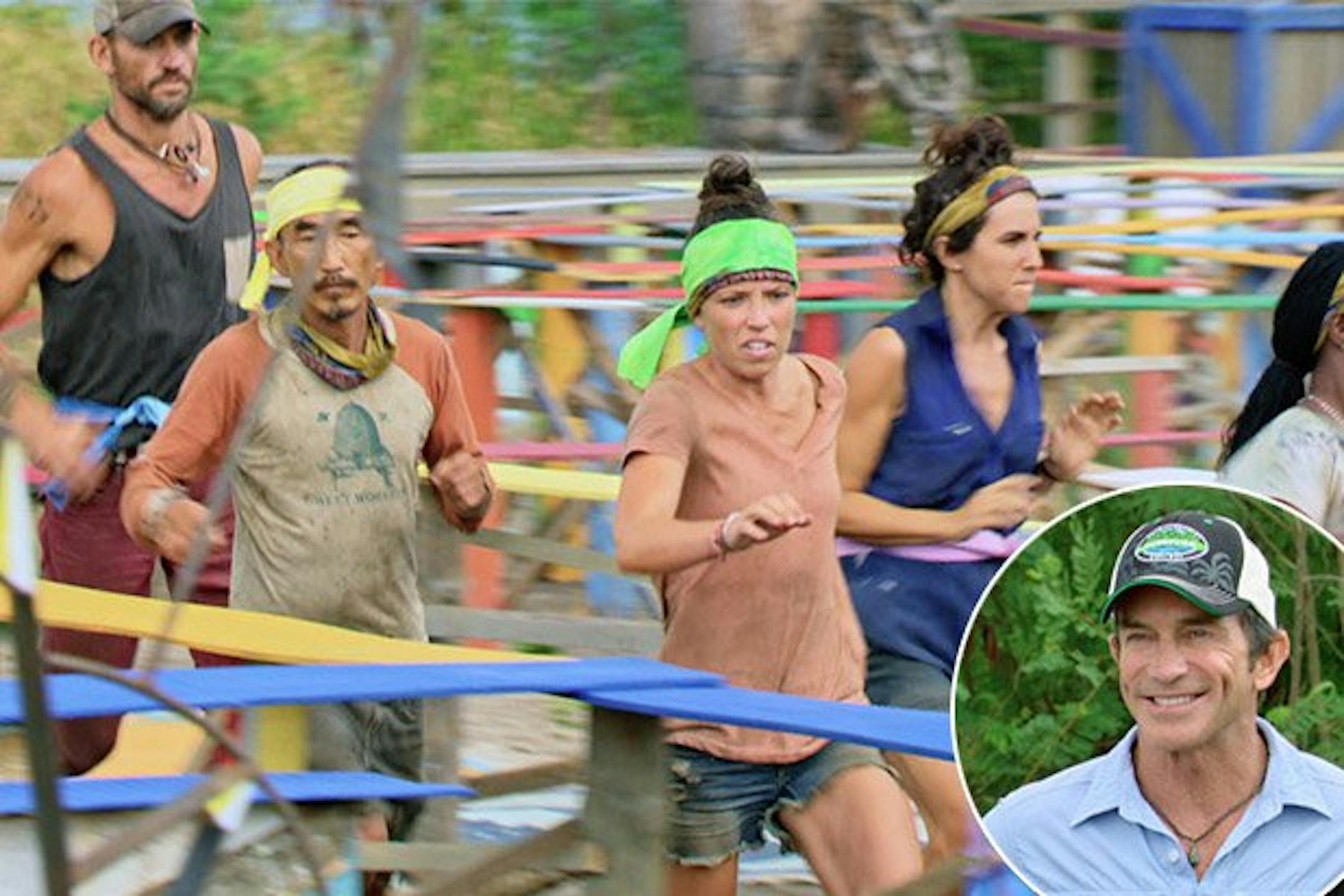 The final six contestants, including Sarah Lacina, with green headband, race through a giant maze during the Survivor: Game Changers finale.