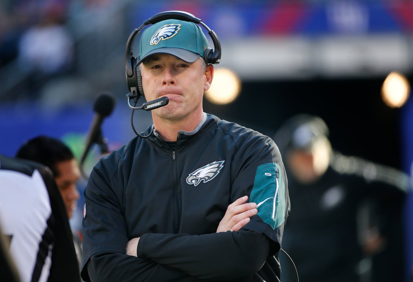 Philadelphia Eagles interim head coach Pat Shurmur watches play from the sidelines during an NFL football game against the New York Giants, Sunday, Jan. 3, 2016, in East Rutherford, N.J. (AP Photo/Kathy Willens)