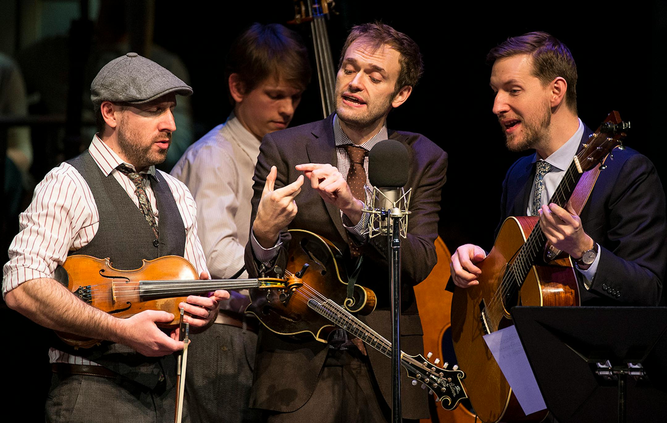 "A Prairie Home Companion" host Chris Thile, center, performed with the Punch Brothers during Saturday night's show at the Fitzgerald Theater.