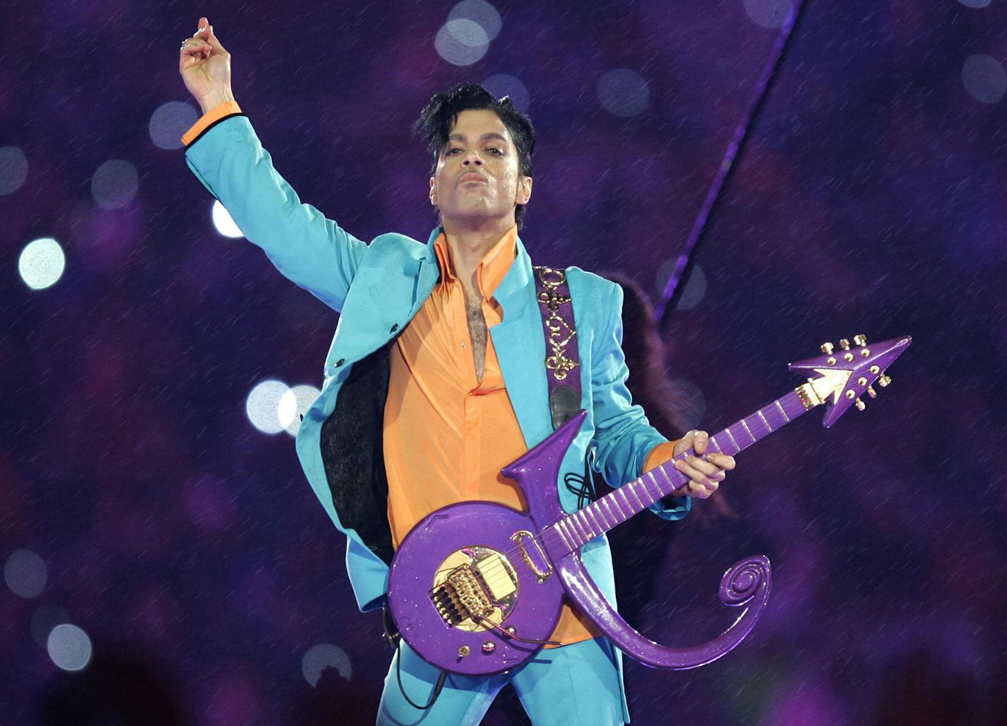 In this Feb. 4, 2007 file photo, Prince performs during the halftime show at the Super Bowl XLI football game at Dolphin Stadium in Miami.