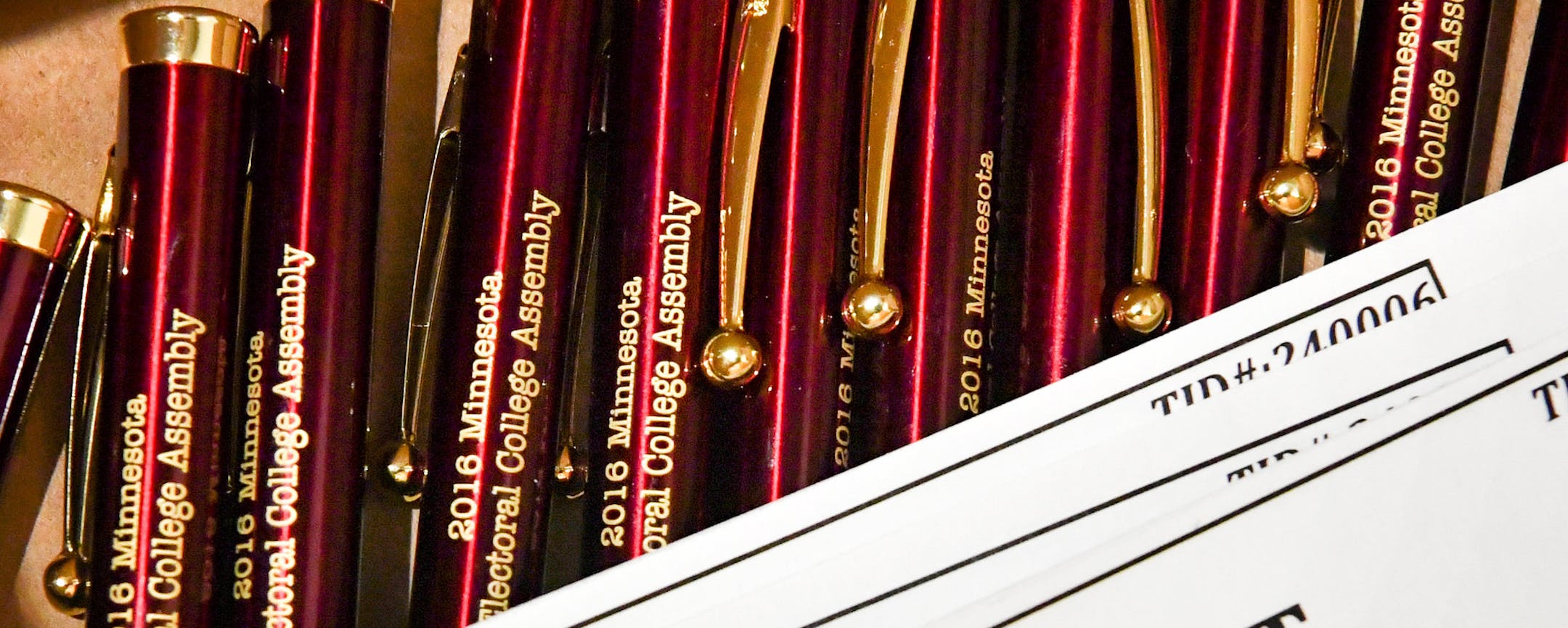 Commemorative pens for Electoral College Assembly ceremony. ] GLEN STUBBE * gstubbe@startribune.com Monday, December 19, 2016 Minnesota's Electoral College Assembly convenes where the state's 10 electors will cast their votes for president and vice president. Event starts at 12 noon, doors open at 11:30 a.m. Protests outside are planned, and at 11 a.m. in Room 181 State Office Building, a group of DFL lawmakers are unveiling a national popular vote initiative.