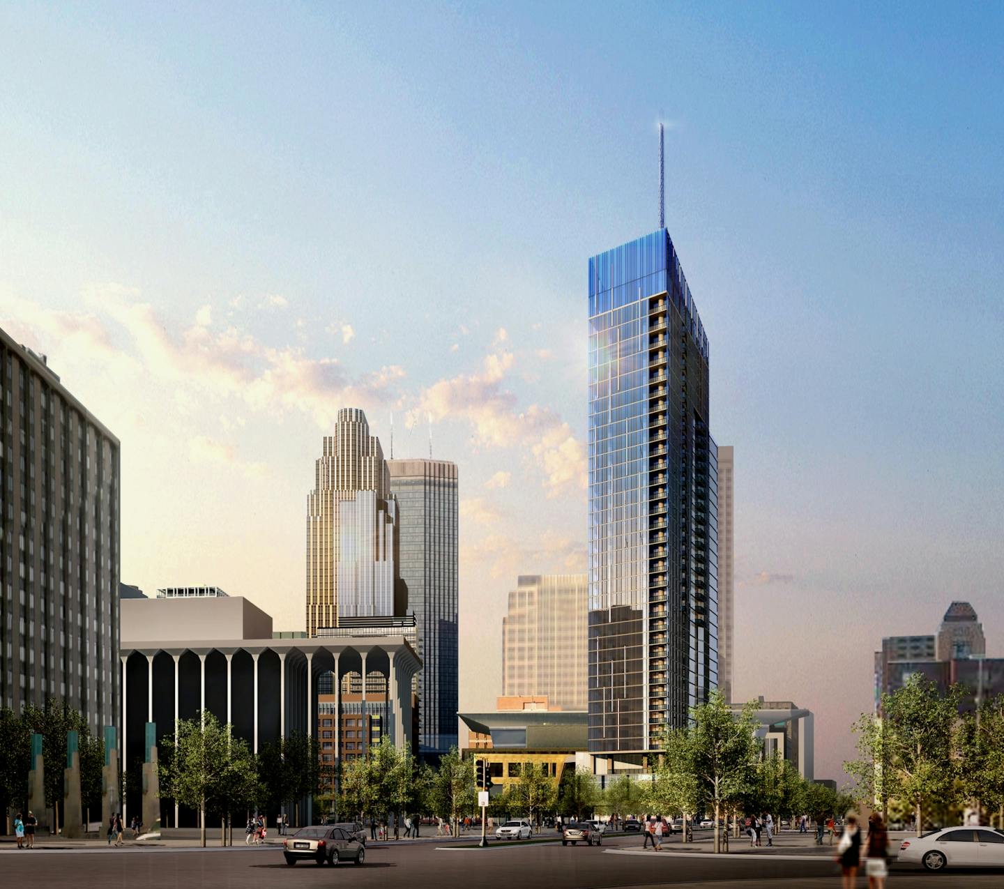 Courtesy Elness Swenson Graham Architects, Inc. Rendering of Four Seasons Hotel on Nicollet Hotel Block.