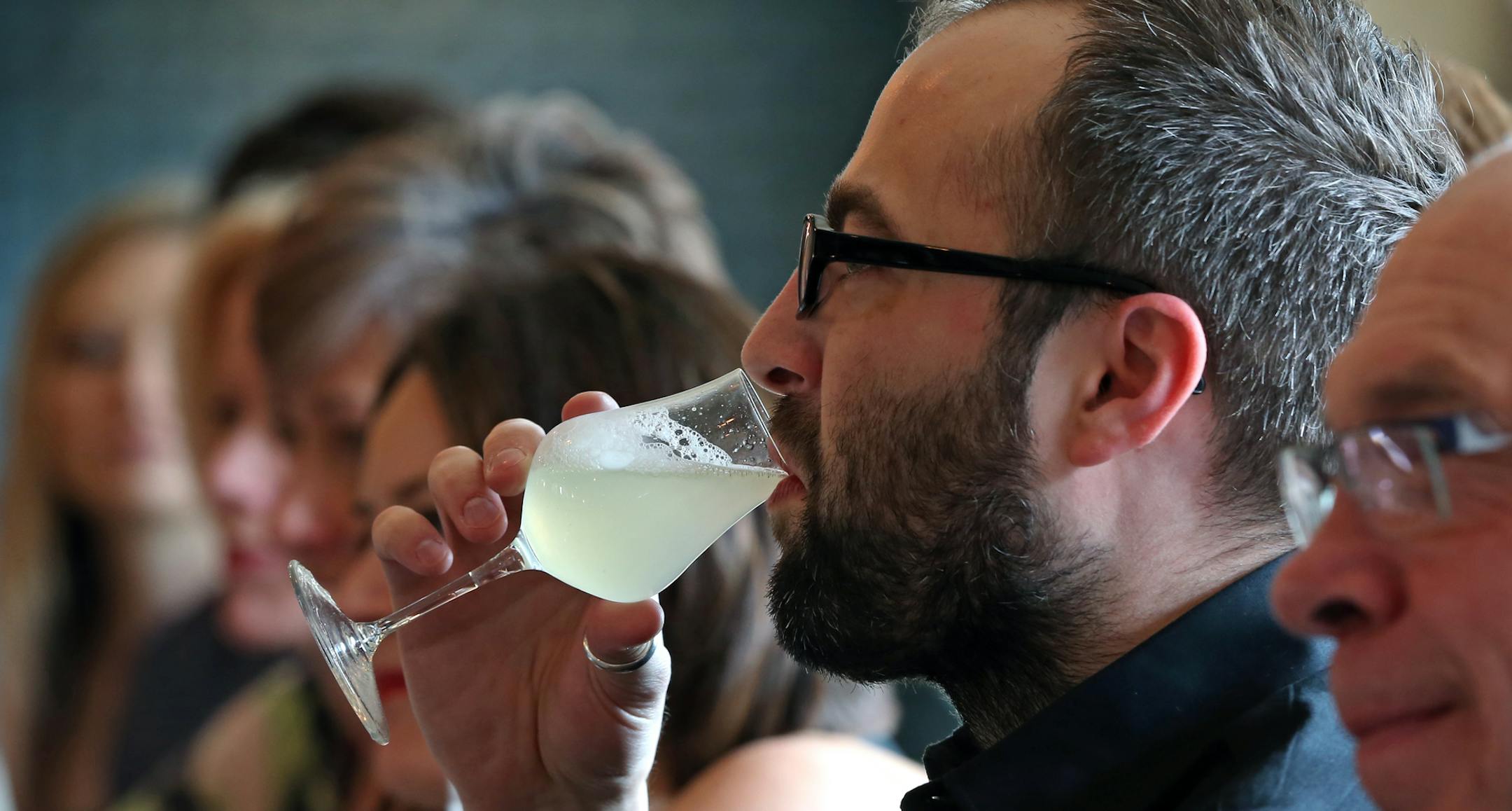 (left to right) Student Joshua Zents of St. Paul, tested drinks at Parlour's cocktail class, with a small group of students learning from the cocktail guru/professor Jesse Held, on 5/17/14. Nightlife feature on cocktail classes, where people sign up to learn tricks of the trade from notable local bartenders at places like Parlour and Bachelor Farmer.] Bruce Bisping/Star Tribune bbisping@startribune.com Jesse Held, Joshua Zents/source.