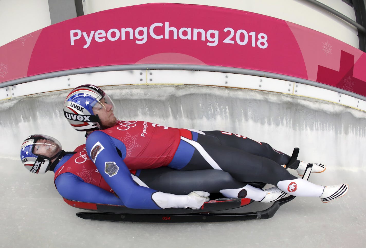 Justin Krewson and Andrew Sherk of the United States starts a training run for the doubles luge at the 2018 Winter Olympics in Pyeongchang, South Korea, Sunday, Feb. 11, 2018. (AP Photo/Michael Sohn)