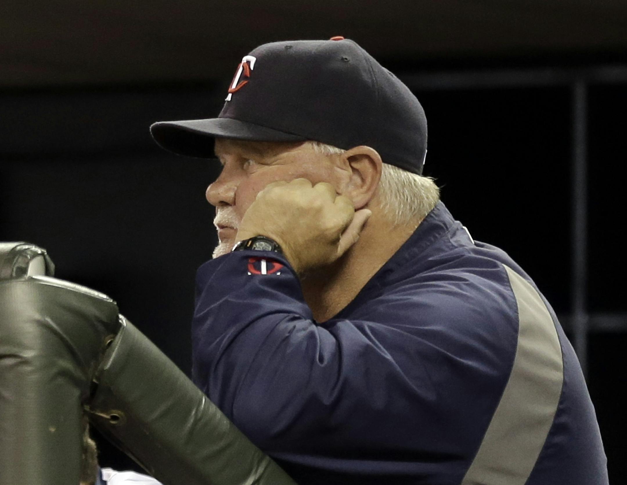 Minnesota Twins manager Ron Gardenhire watches in the bottom of the 10th inning as the Twins lose 9-6 to the Baltimore Orioles in a baseball game, May 10, 2013 in Minneapolis. (AP Photo/Jim Mone)