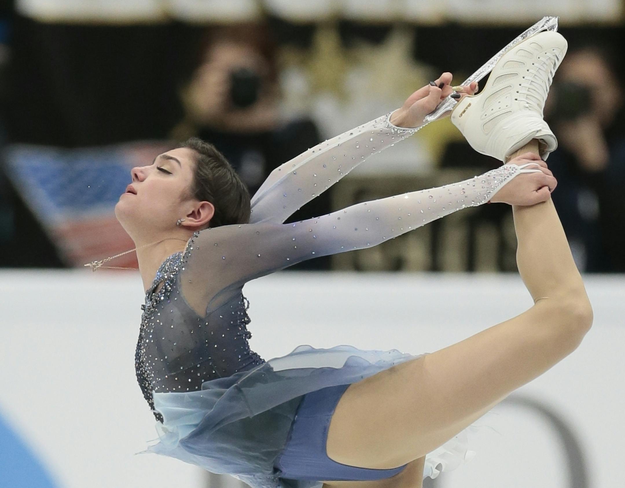 Evgenia Medvedeva, of Russia, skates her short program to lead the Rostelekom Cup ISU Grand Prix figure skating event in Moscow, Russia, on Friday, Oct. 20, 2017. (AP Photo/Ivan Sekretarev)