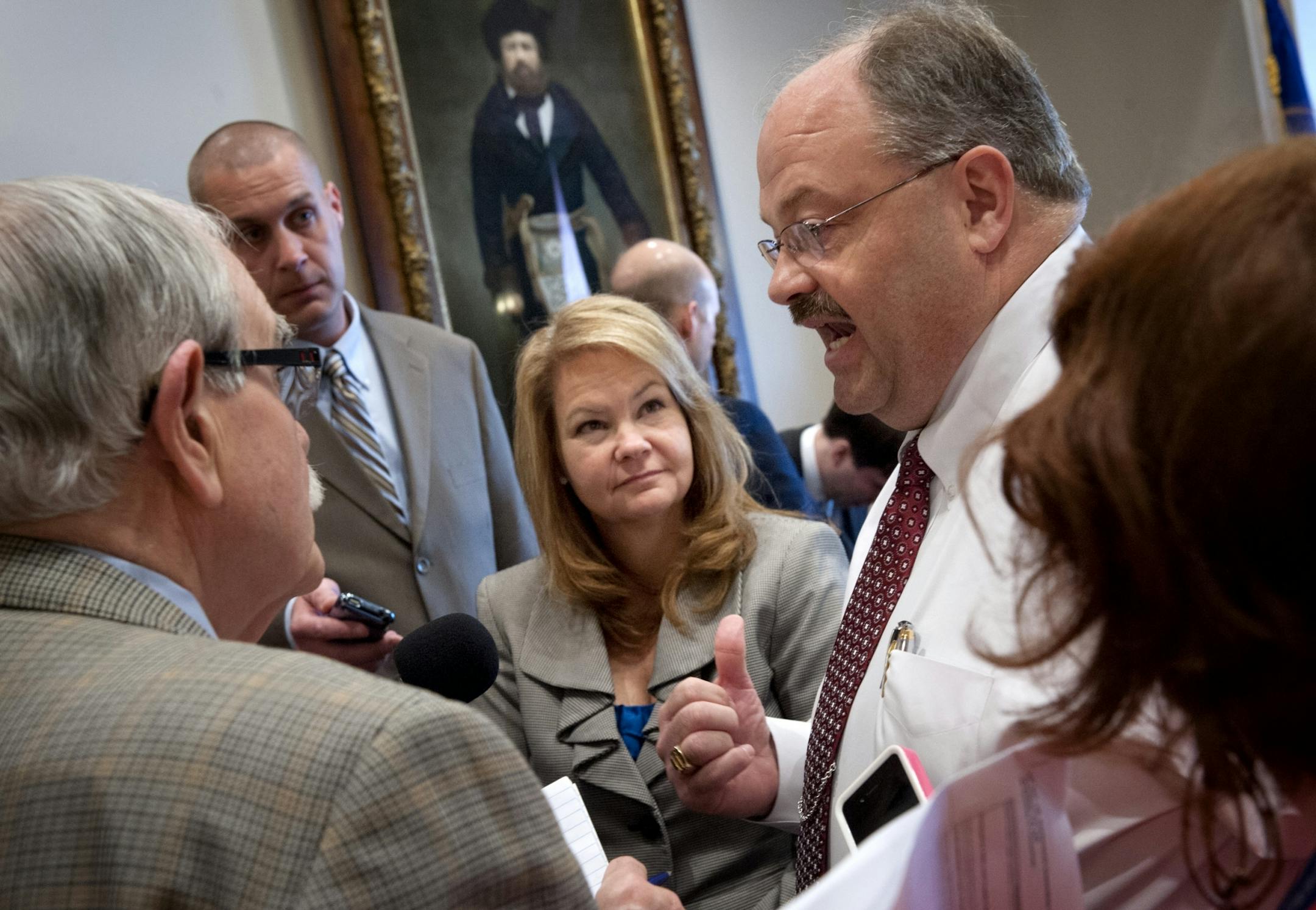 Tax committee chairs Sen. Julianne Ortman, R-Chanhassen, and Greg Davids, R-Preston, talked to media after passing a scaled down tax bill in conference committee, which needs to be passed in the House and Senate before going on to Governor Dayton Wednesday, May 9, 2012.