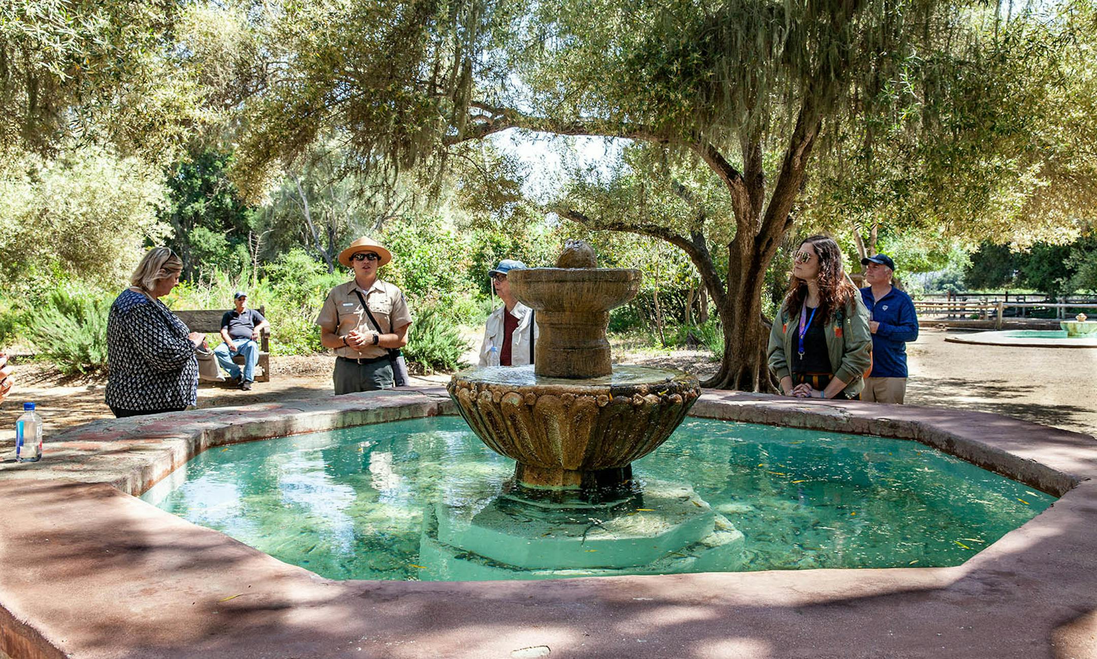 The Mission fountain, filled by water pumped up from below and an essential source of water for 18th century residents, now offers a shady spot for a picnic lunch in La Purisima Mission, Lompoc, Calif. (Steve Haggerty/ColorWorld/TNS)