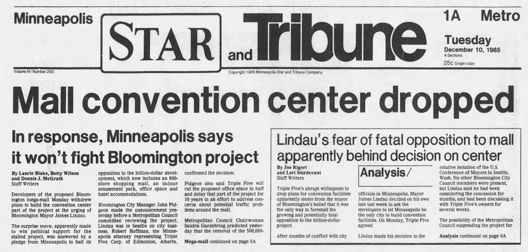 The elimination of the convention center proposal for the mall was a significant development in December 1985.