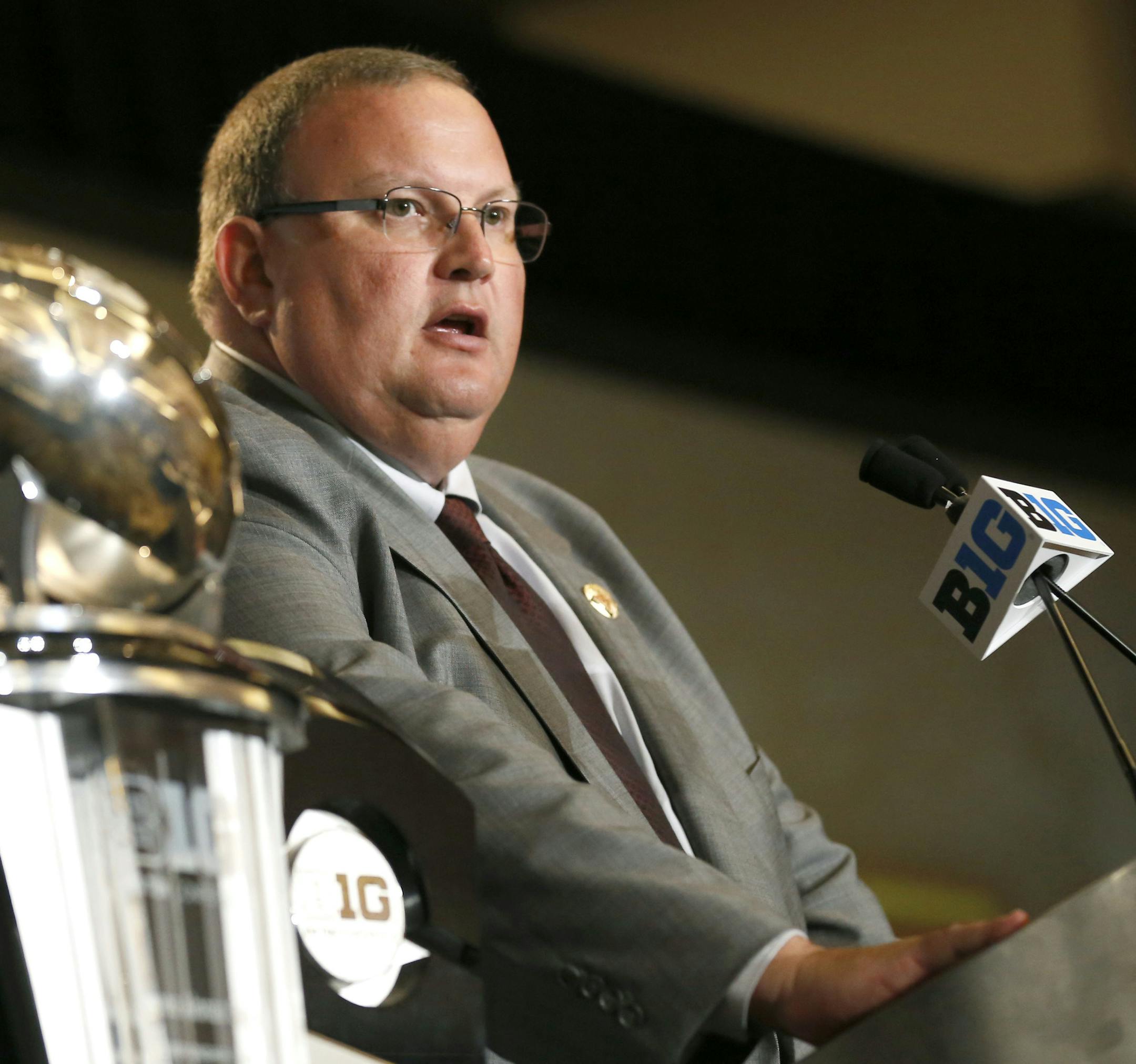 Minnesota head coach Tracy Claeys speaks to the media at the Big Ten NCAA college football media days, Monday, July 25, 2016 in Chicago. (AP Photo/Tae-Gyun Kim)