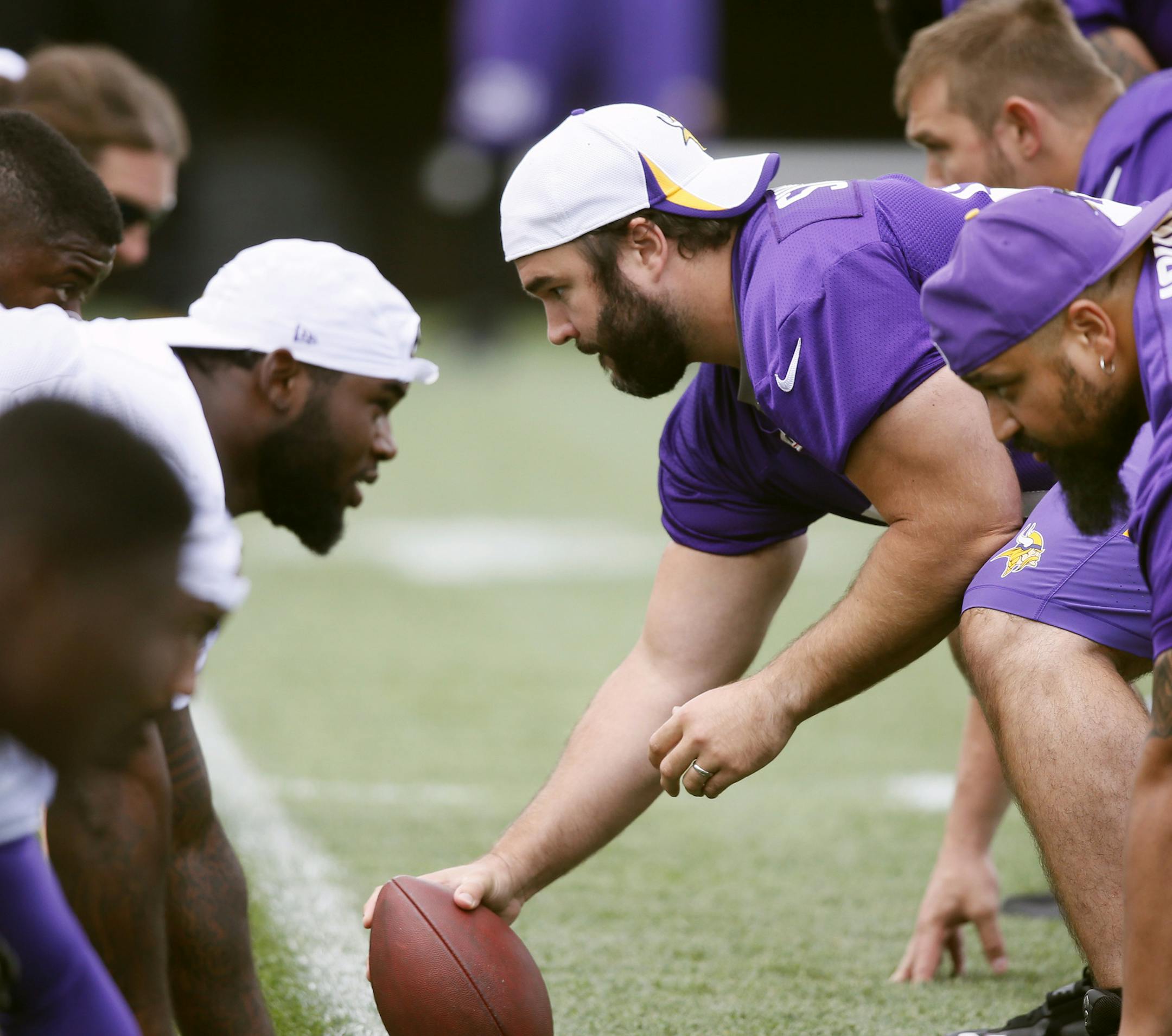 Vikings center John Sullivan and the rest of the offensive line ran though drills during NFL camp at Minnesota State ,Mankato Sunday July 27, 2014 in Mankato, MN . ] Jerry Holt Jerry.holt@startribune.com