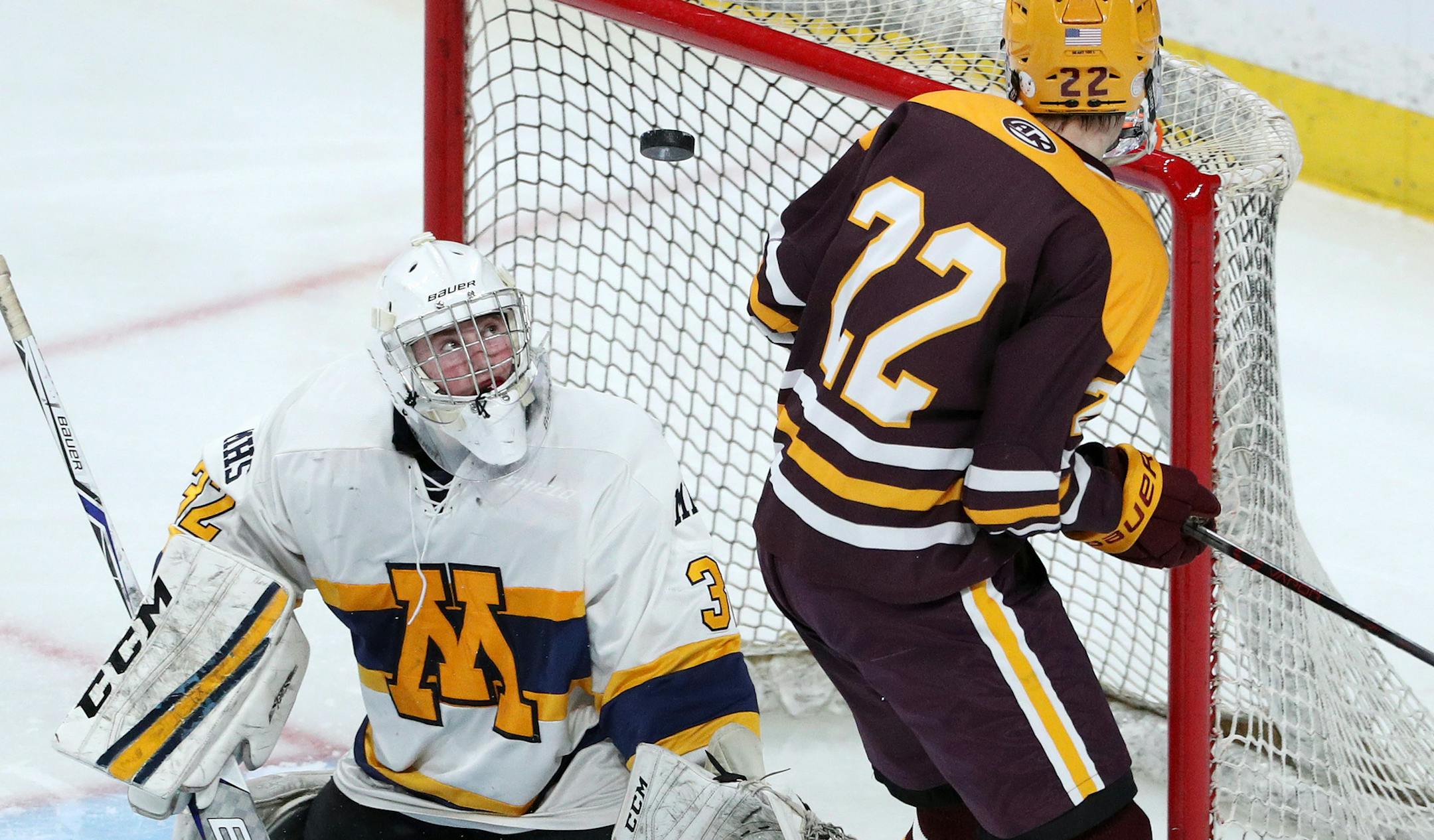 Mahtomedi goaltender Bailey Huber (32) watches the puck after stopping a shot from Northfield's Jacob Halvorson (22) in the third period. ] ANTHONY SOUFFLE ï anthony.souffle@startribune.com Players competed during the boys' hockey state tournament Class 1A quarterfinals Wednesday, March 8, 2017 at the Xcel Energy Center in St. Paul, Minn.