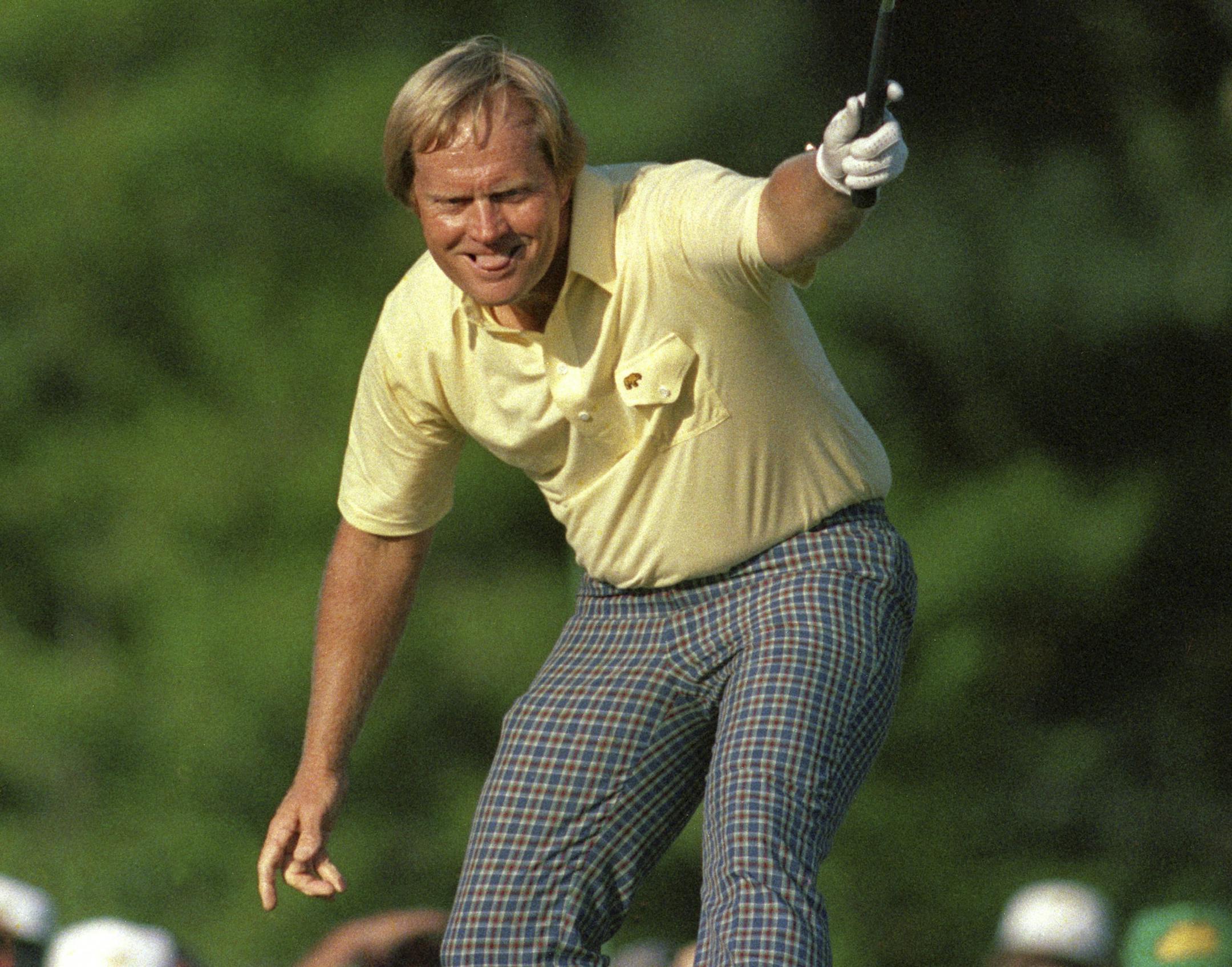 April 13, 1986 file photo: Jack Nicklaus watches his putt drop for a birdie on the 17th hole at Augusta National