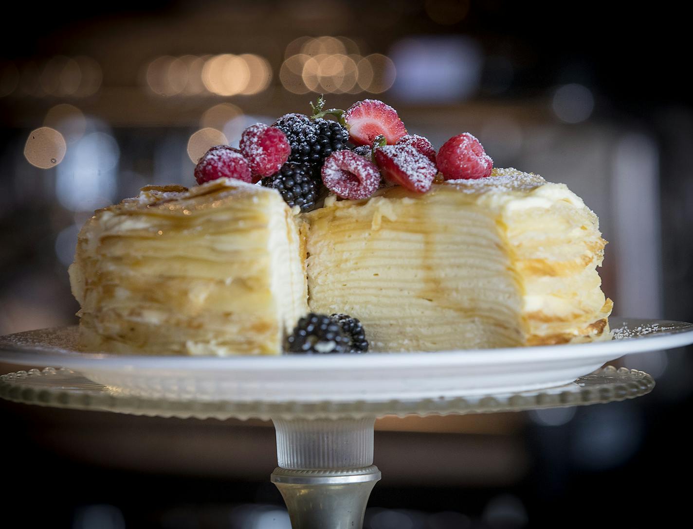 Cr&#xea;pe cake in the bakery at Bellecour in Wayzata.