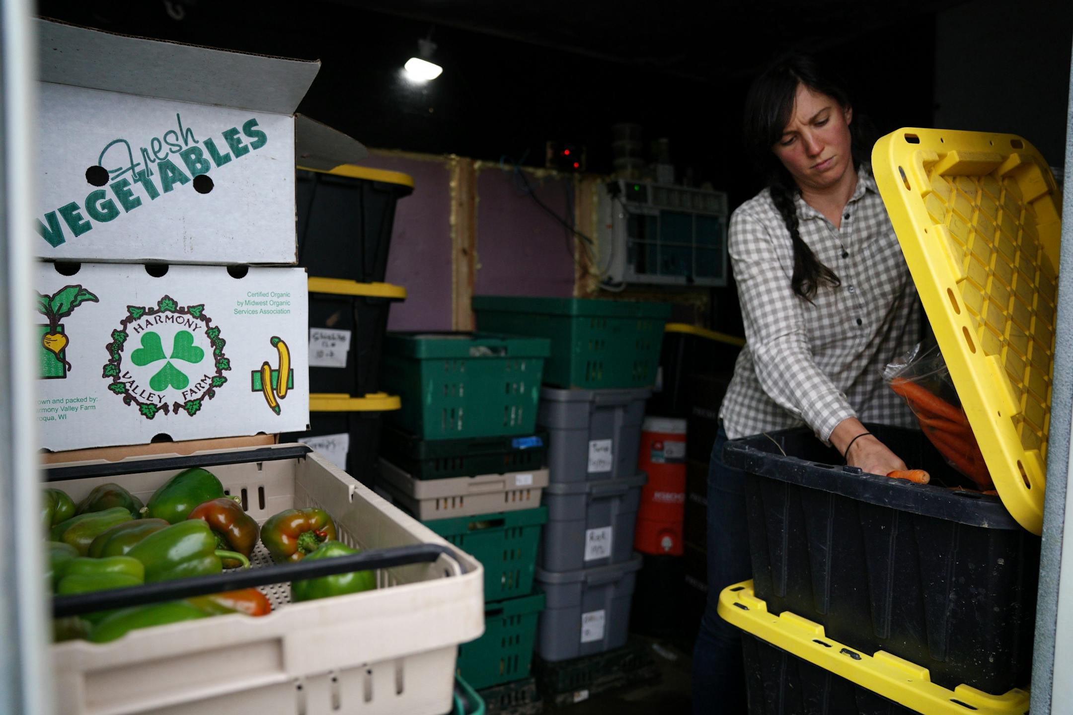 Vegetable farmer Kristin Pearson filled a bag of carrots from the cold storage at her rented land.