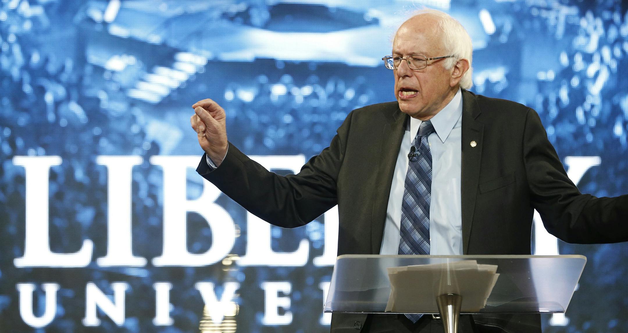 Democratic presidential candidate, Sen. Bernie Sanders, I-Vt. gestures during a speech at Liberty University in Lynchburg, Va., Monday, Sept. 14, 2015. (AP Photo/Steve Helber) ORG XMIT: MIN2015091610382317